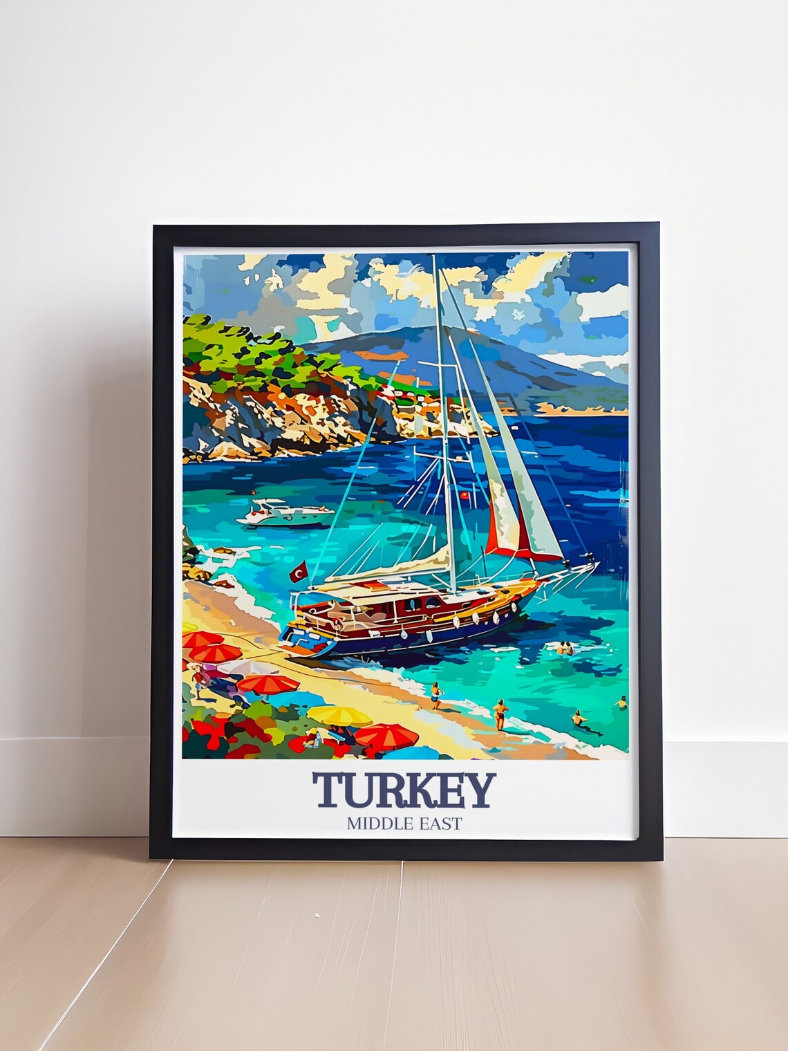 Turkey Gulet Sailboat Turquoise Coast Colorful Beach Painting Poster - Image 4