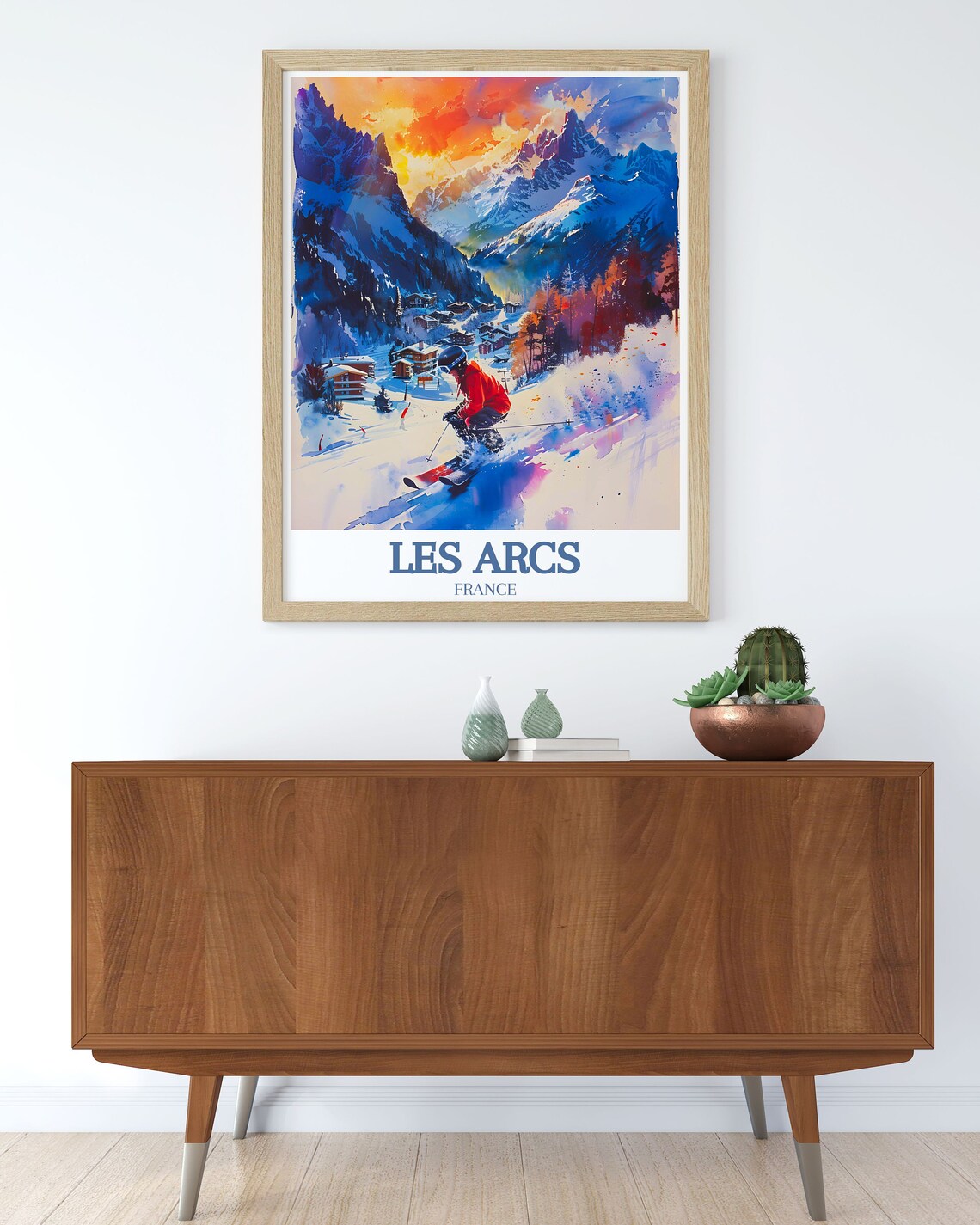 Les Arcs France Skier in Red Descending Past Village Chalets Poster - Image 2