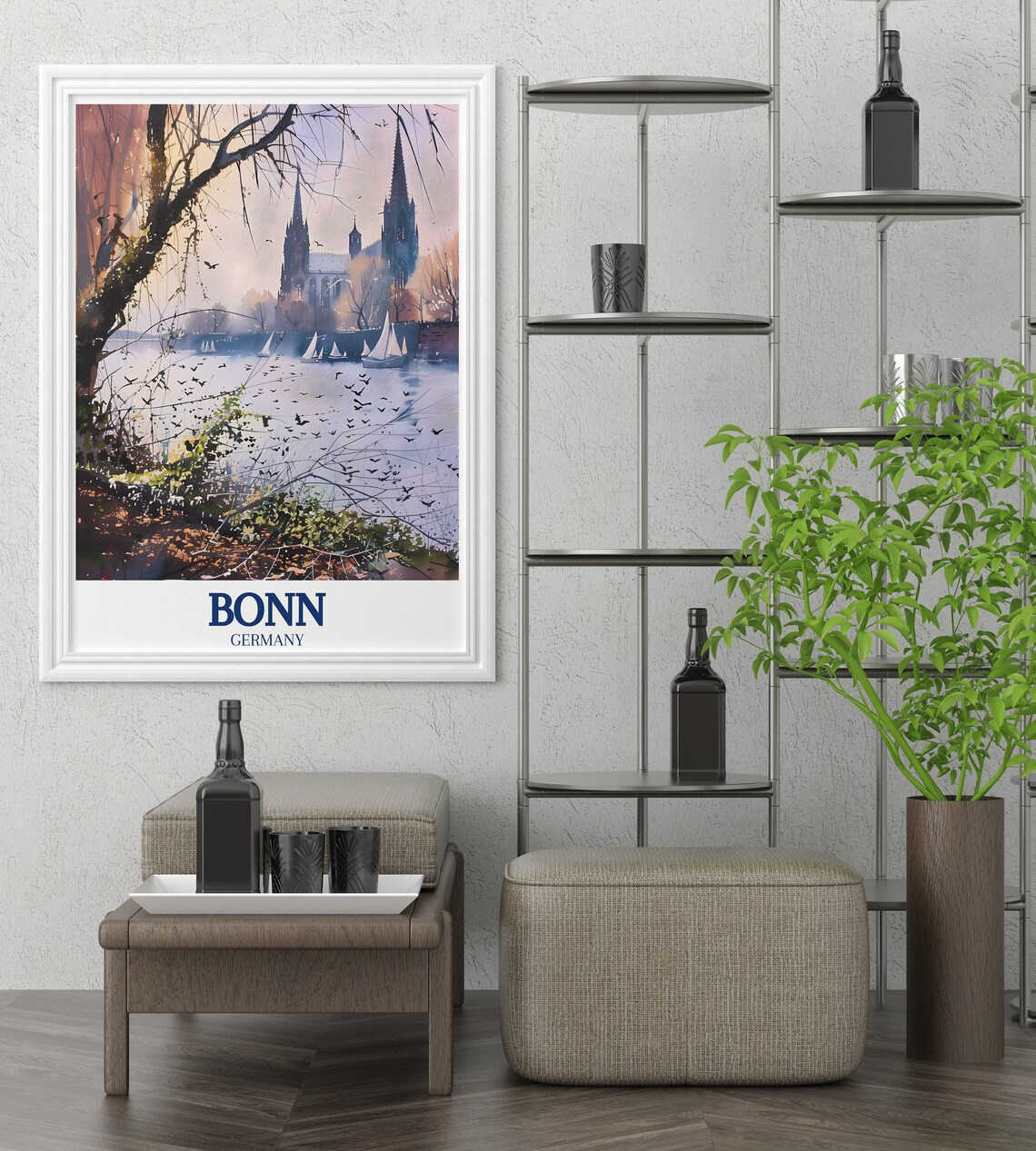 Bonn Germany Minster Basilica Poster Rhine River Dusk Watercolor Art - Image 3