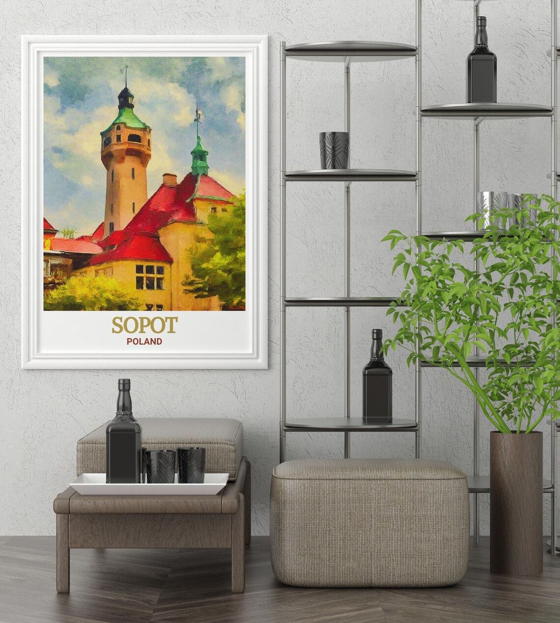 Sopot Poland Lighthouse Poster with Red Roofs in Watercolor Style - Image 2