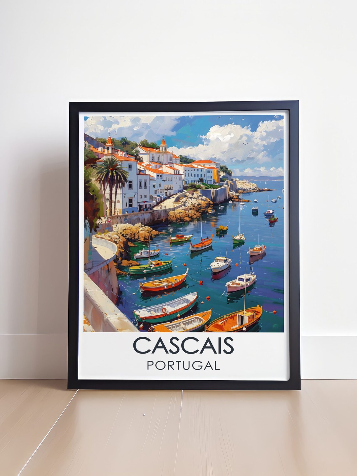 Cascais Portugal Marina Travel Poster with Colorful Fishing Boats - Image 4