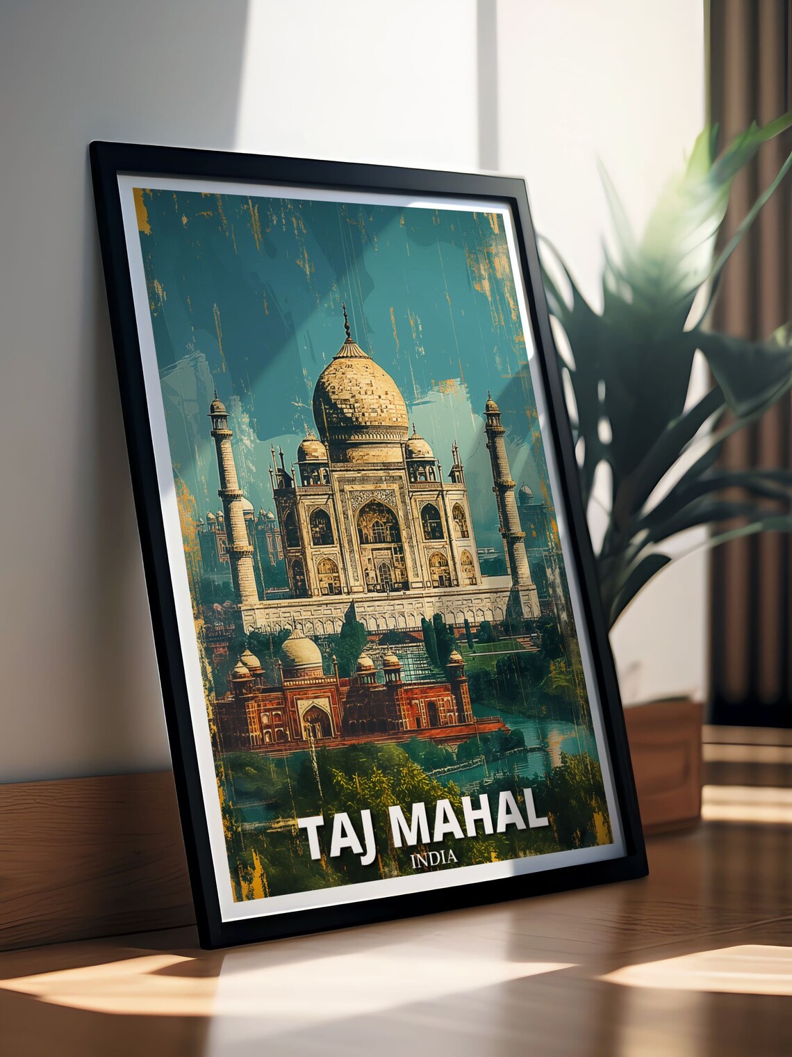 Taj Mahal India Vintage Distressed Teal Art Style Wall Poster - Image 2