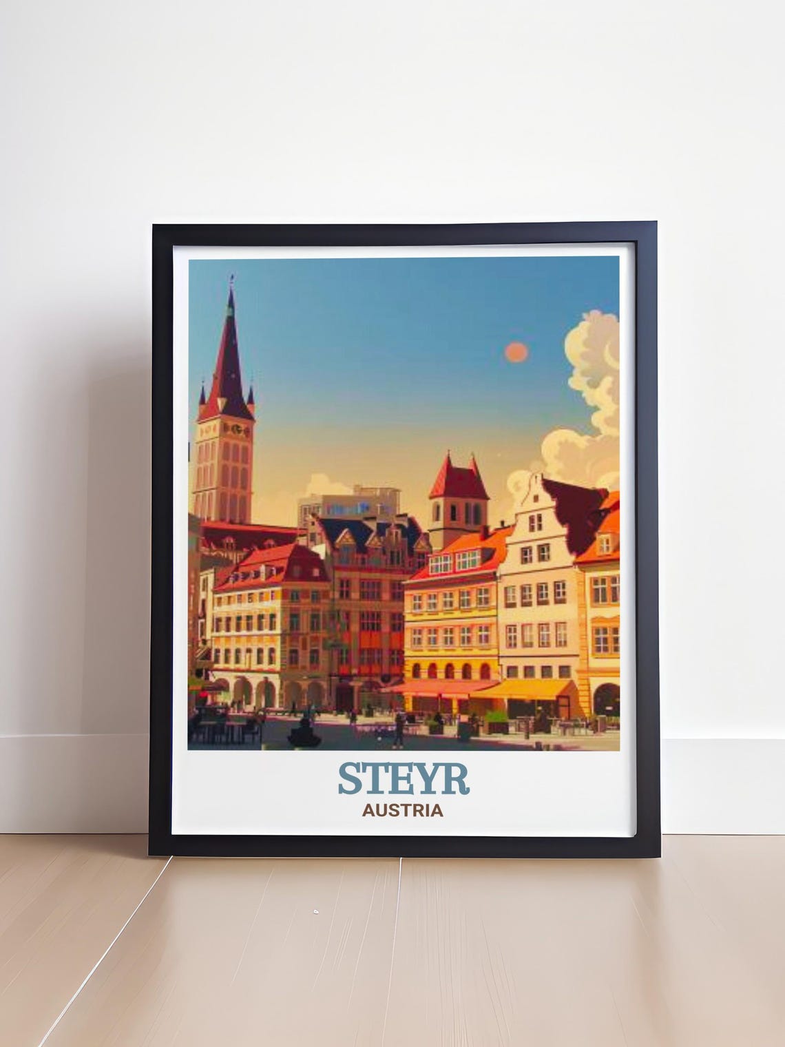 Steyr Austria Historic Town Square and Red Spire Tower Poster - Image 4