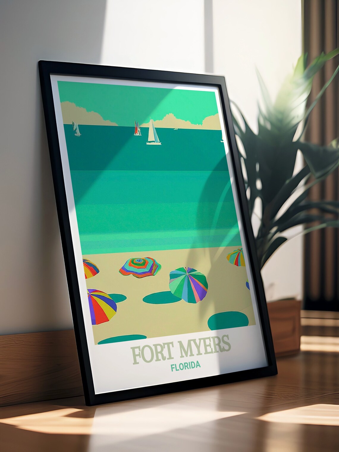 Fort Myers Beach Umbrellas Sailboats Minimalist Florida Travel Poster - Image 3