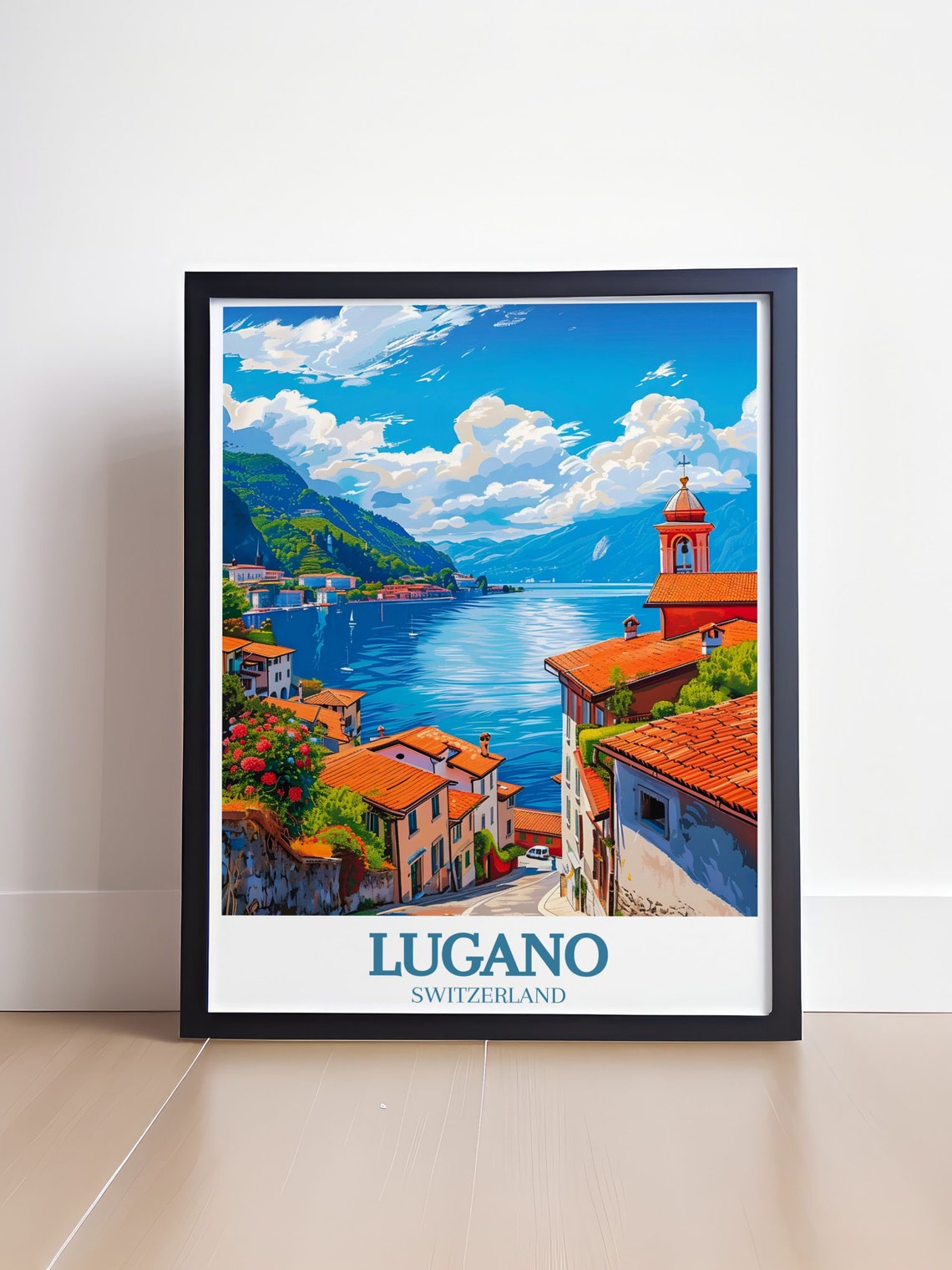 Lugano Switzerland Old Town Church Tower Over Lake View Poster - Image 4