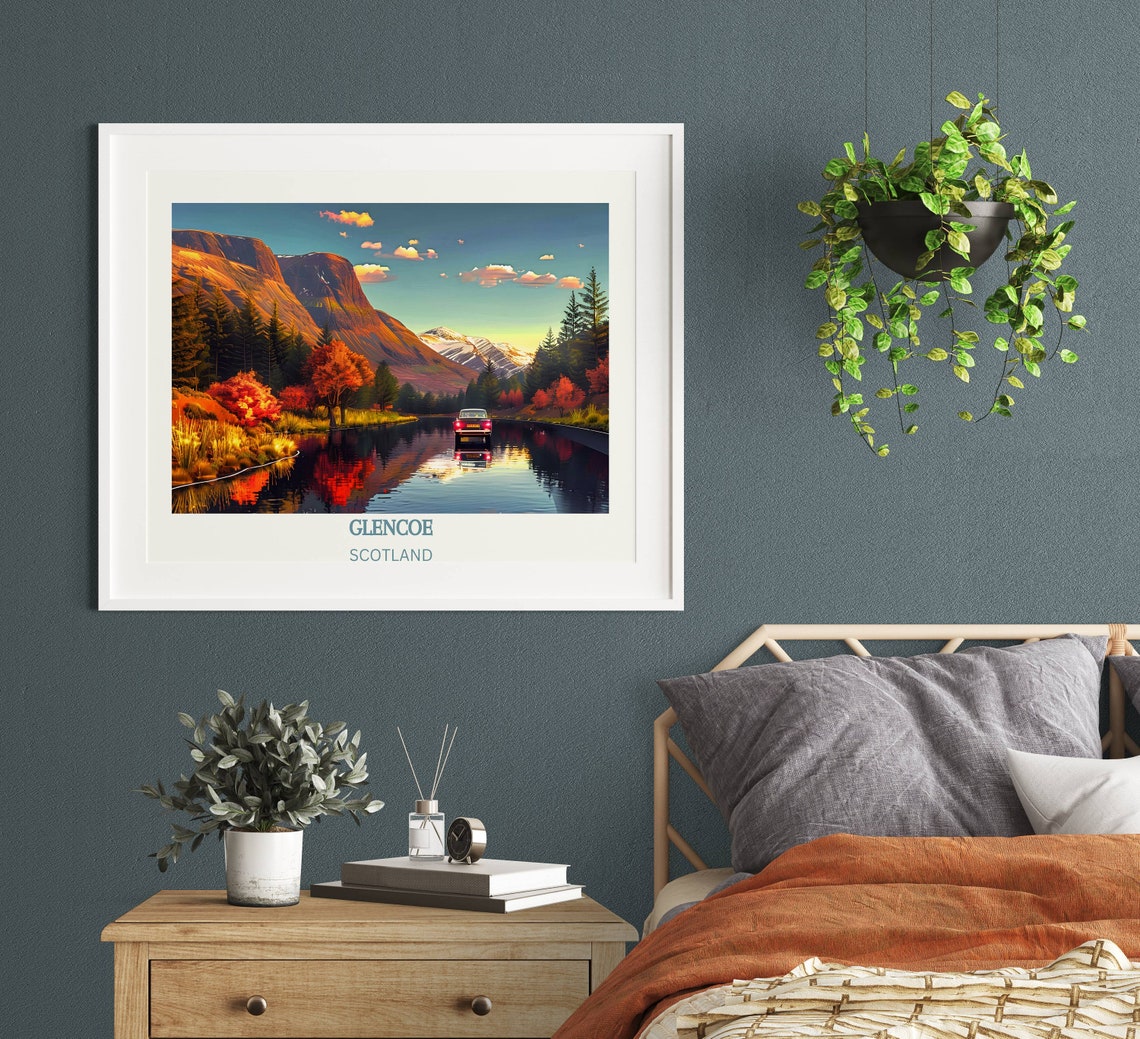Glencoe Scotland Autumn Mountains Poster With Car on Flooded Road - Image 2