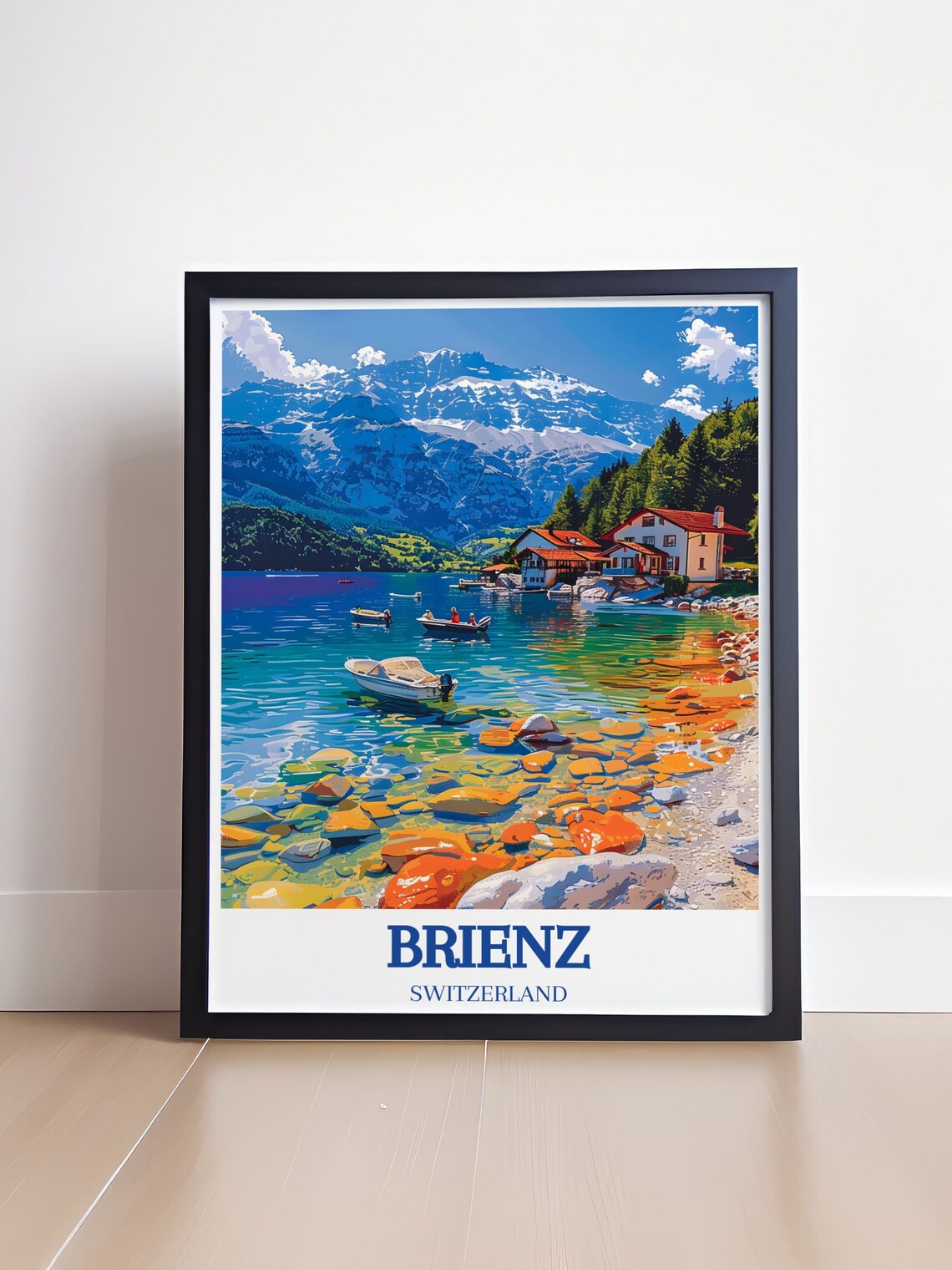 Brienz Switzerland Village Shoreline Boats Beneath Snowy Alps Poster - Image 4
