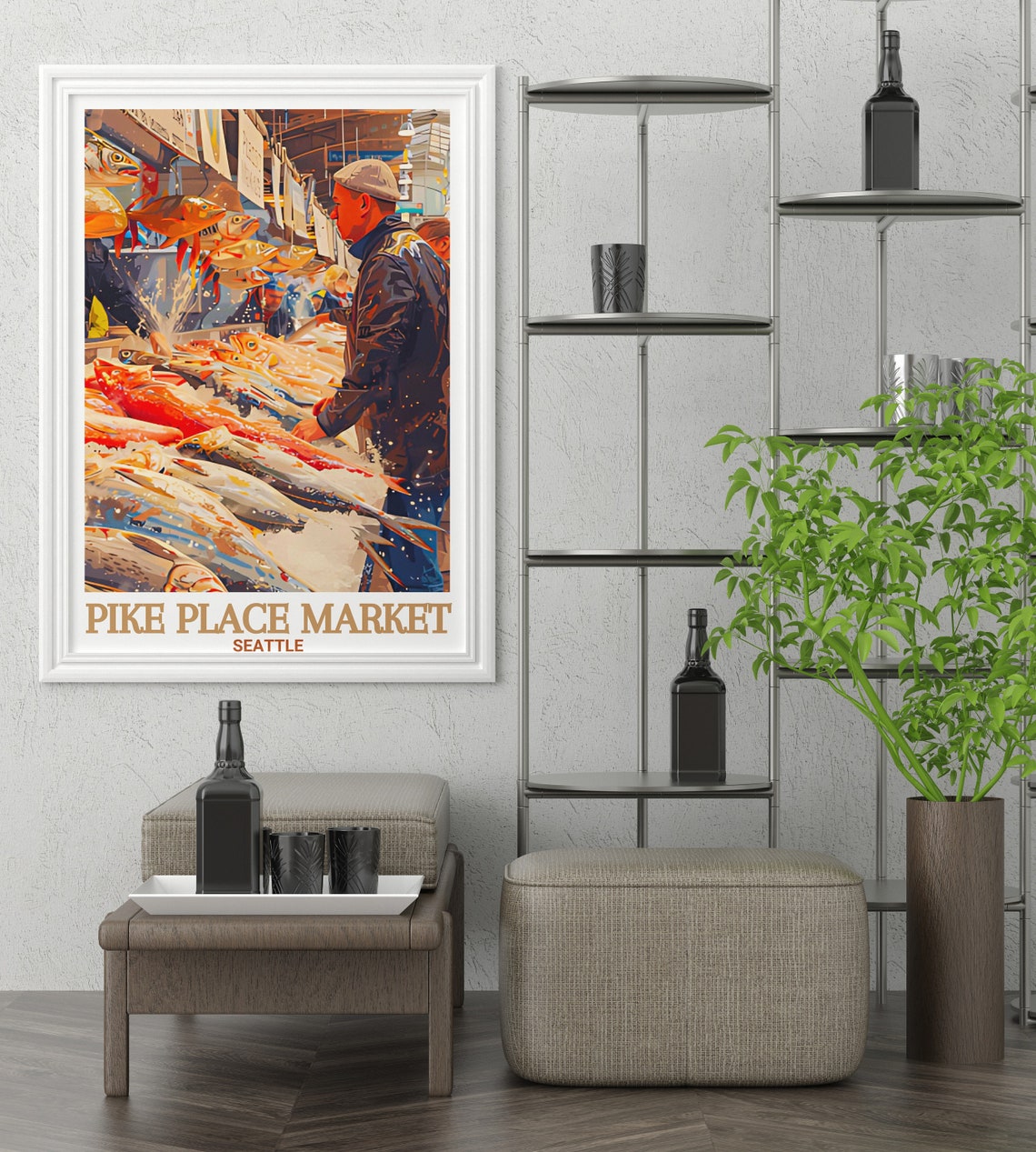 Pike Place Market Seattle Bustling Fish Stall Watercolor Poster - Image 2