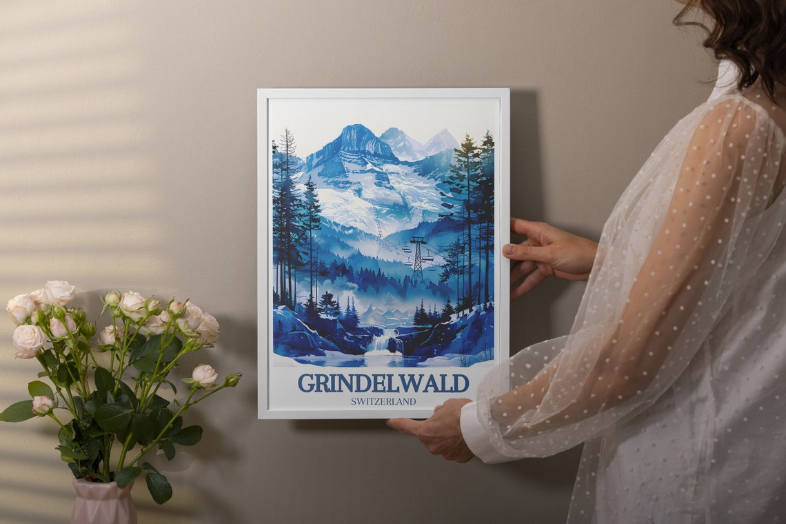 Grindelwald Switzerland Blue Eiger Gondola Winter Art Poster - Image 3