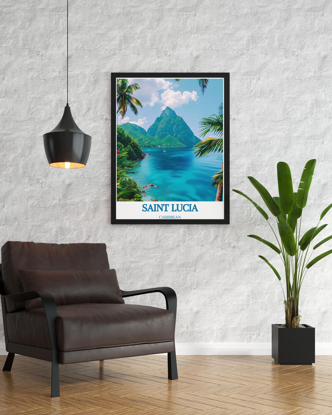 Saint Lucia Pitons Twin Peaks Over Turquoise Bay Palm View Poster - Image 2