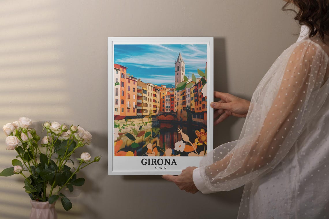 Girona Spain Riverside Old Town Church Tower Floral Travel Poster - Image 2