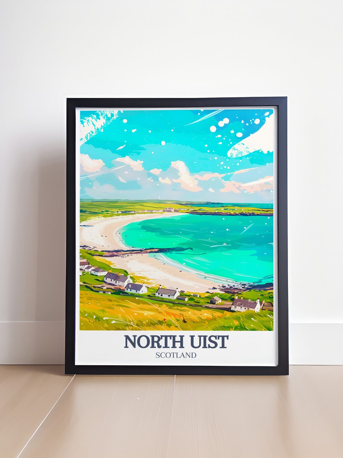 North Uist Turquoise Bay White Sand Beach Cottages Coastal Travel Poster - Image 4
