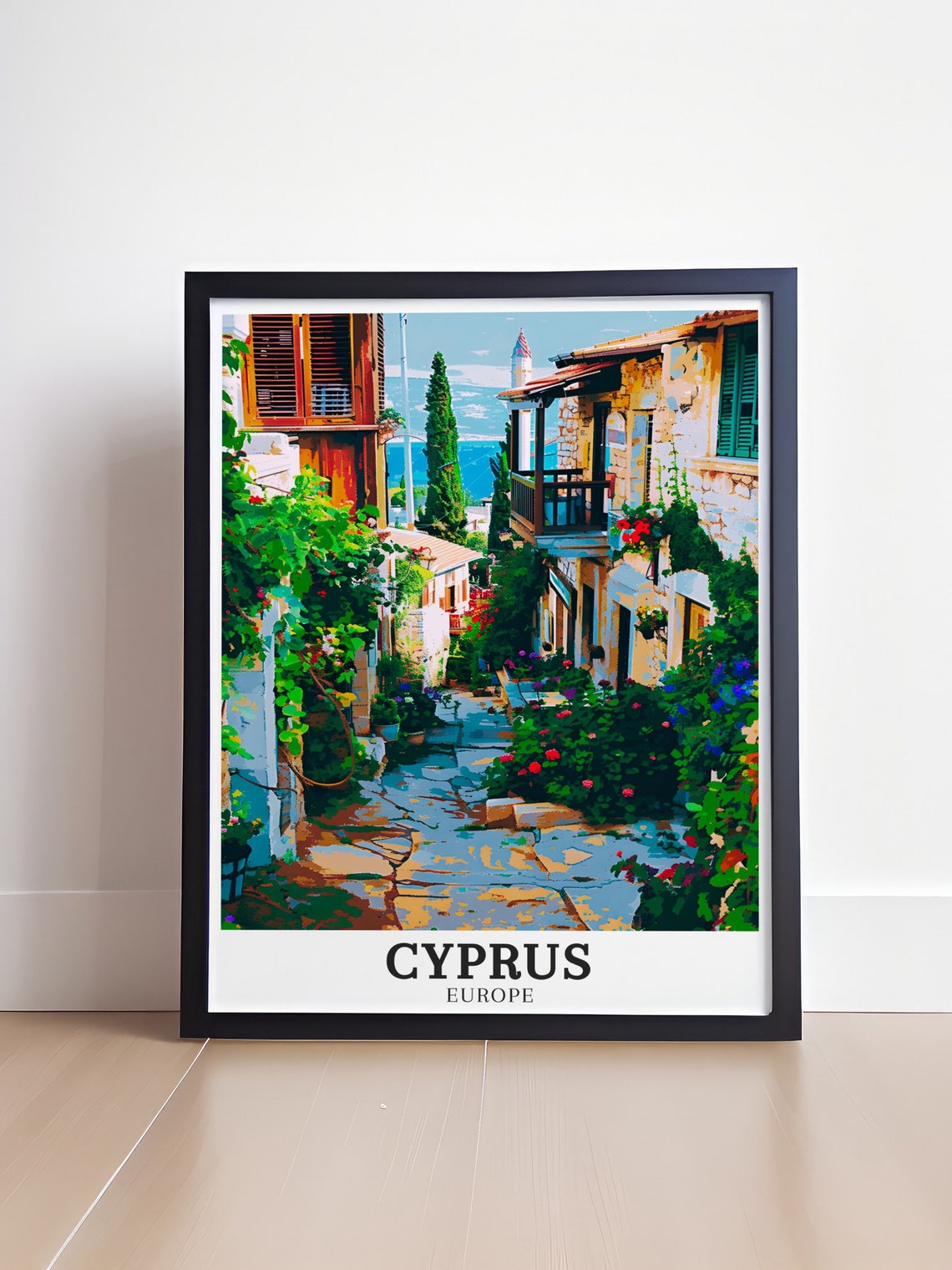 Cyprus Village Flowered Street Mediterranean Sea View Poster - Image 4