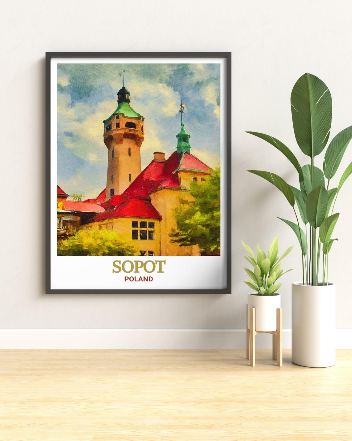 Sopot Poland Lighthouse Poster with Red Roofs in Watercolor Style - Image 3