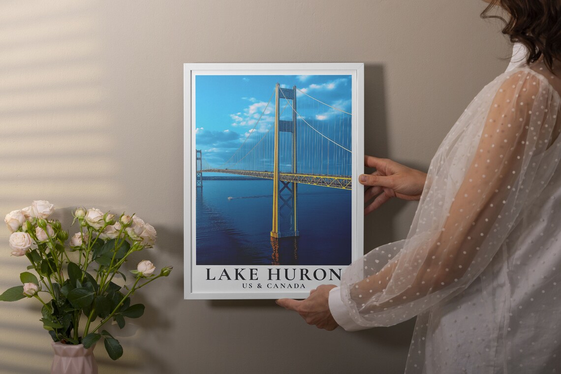 Lake Huron Mackinac Bridge Golden Hour Great Lakes Travel Poster - Image 3
