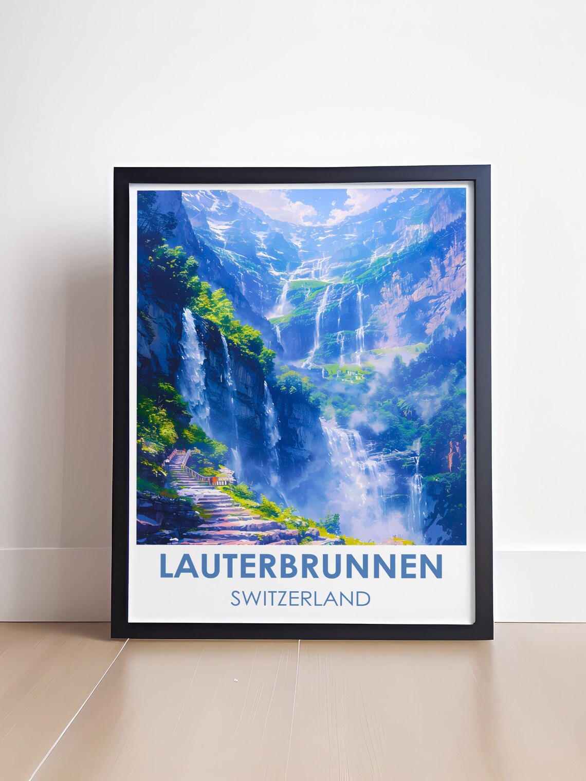 Lauterbrunnen Switzerland Travel Poster Waterfalls Cliff Cascade Art - Image 4