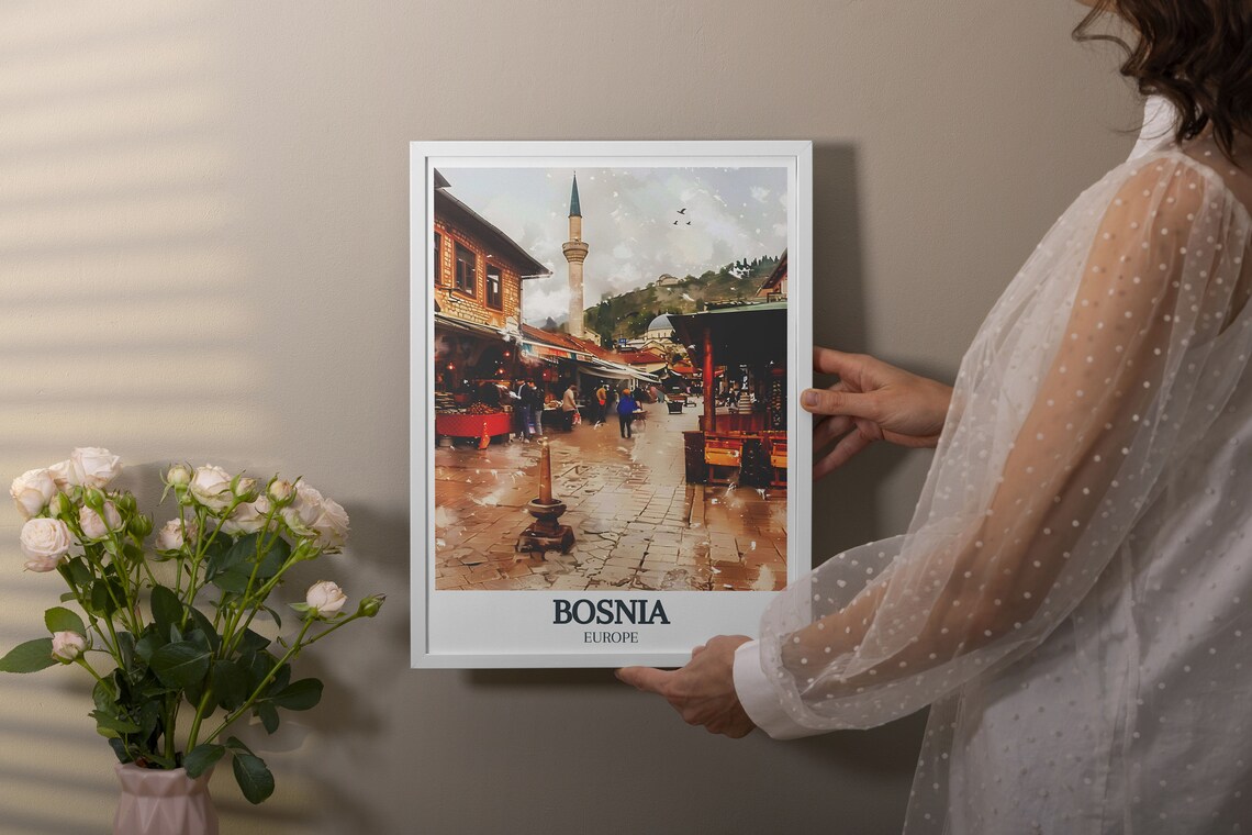 Sarajevo Bascarsija Old Bazaar Street and Mosque Minaret Travel Poster - Image 3