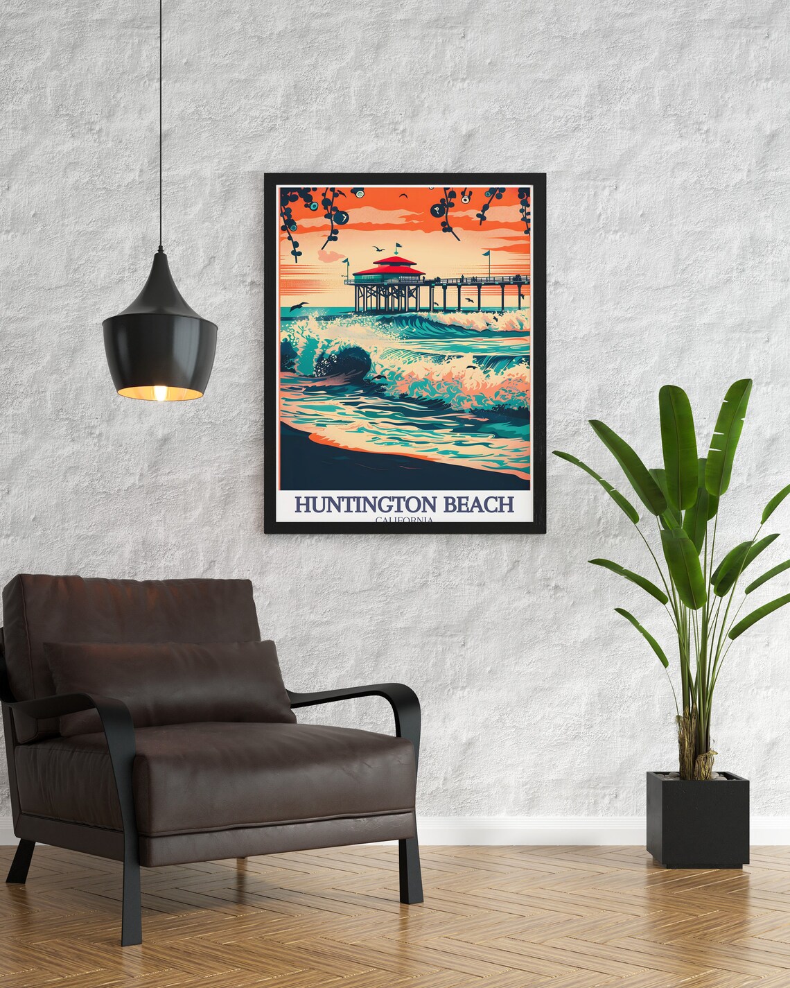 Huntington Beach Pier at Sunset With Big Crashing Waves Travel Poster - Image 3