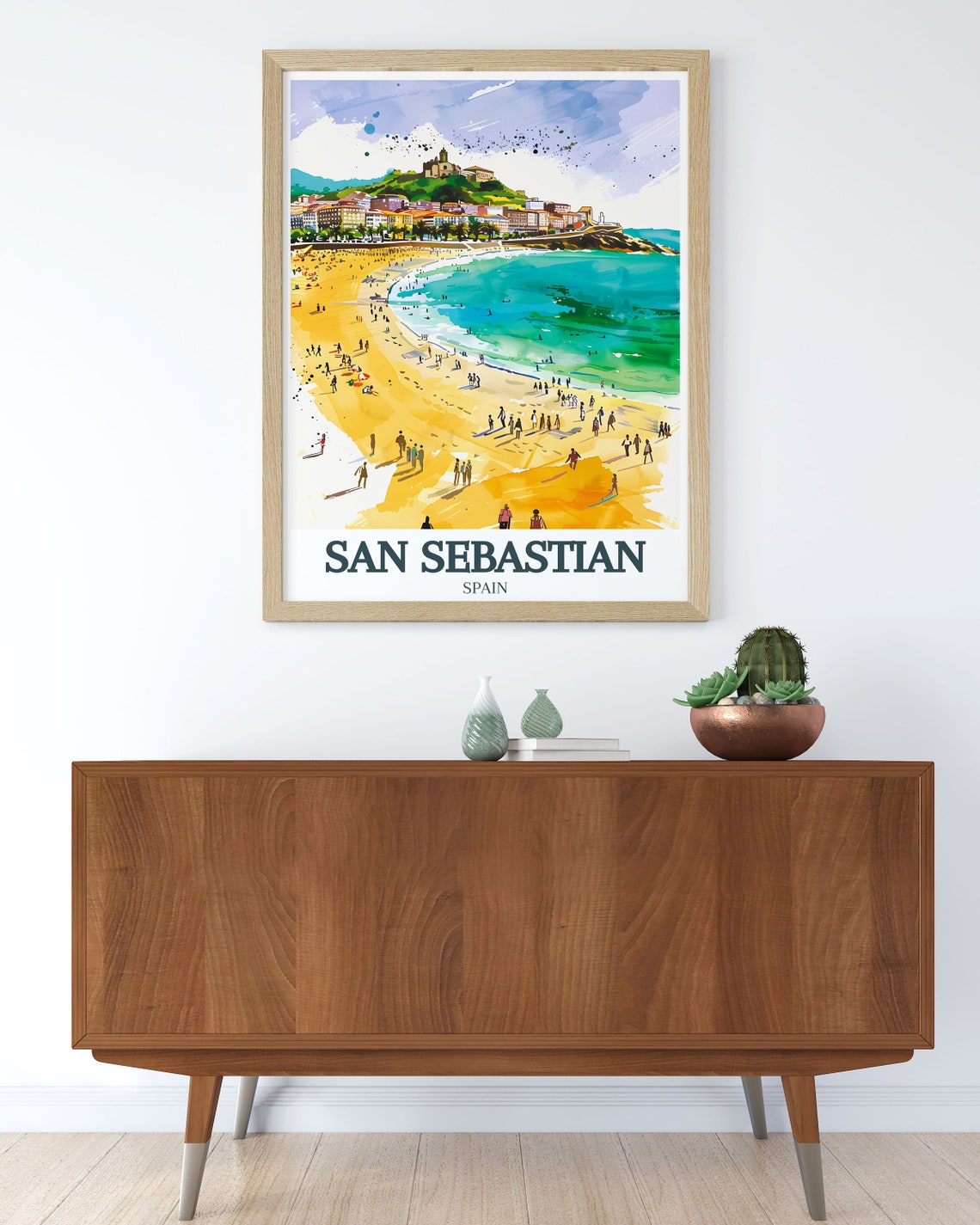 San Sebastian La Concha Beach Golden Watercolor Spain Poster - Image 2