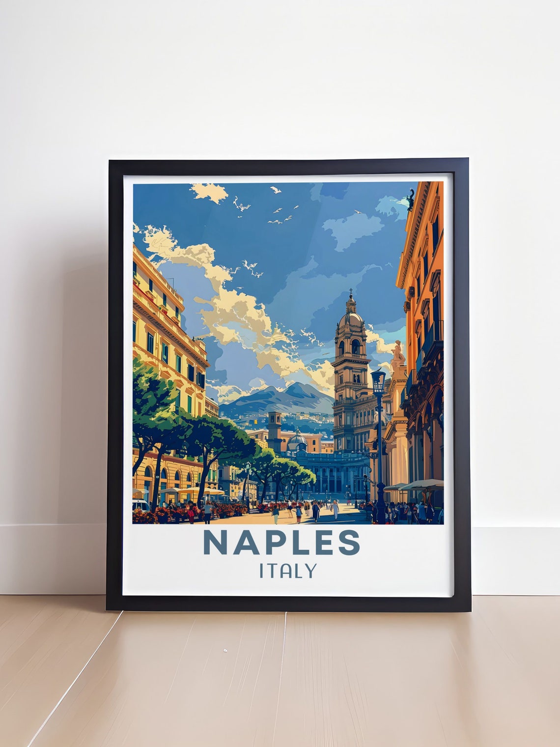 Naples Italy Piazza del Plebiscito Travel Poster With Vesuvius View - Image 4