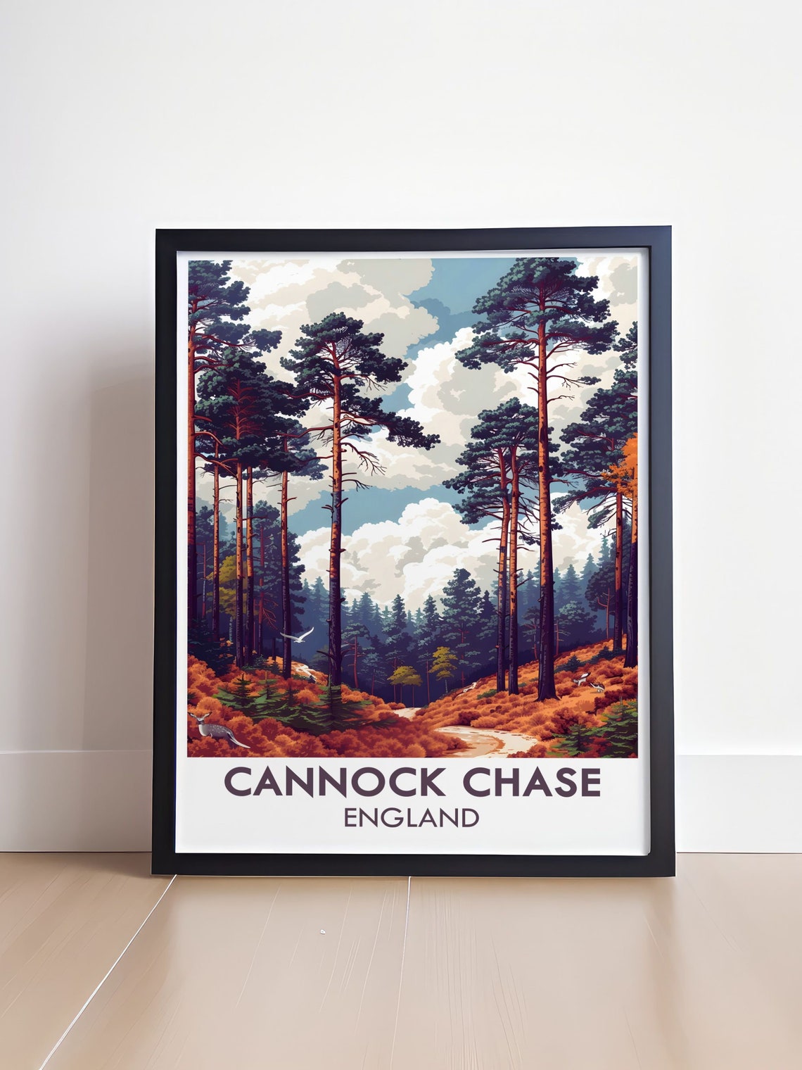 Cannock Chase England Pine Forest Retro Travel Poster With Deer - Image 4