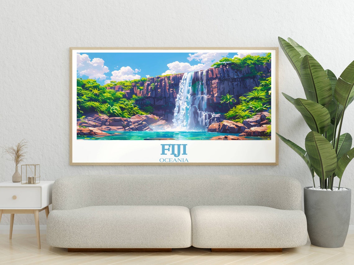 Fiji Waterfall Taveuni Tropical Cliff Jungle Pool Art Poster - Image 3