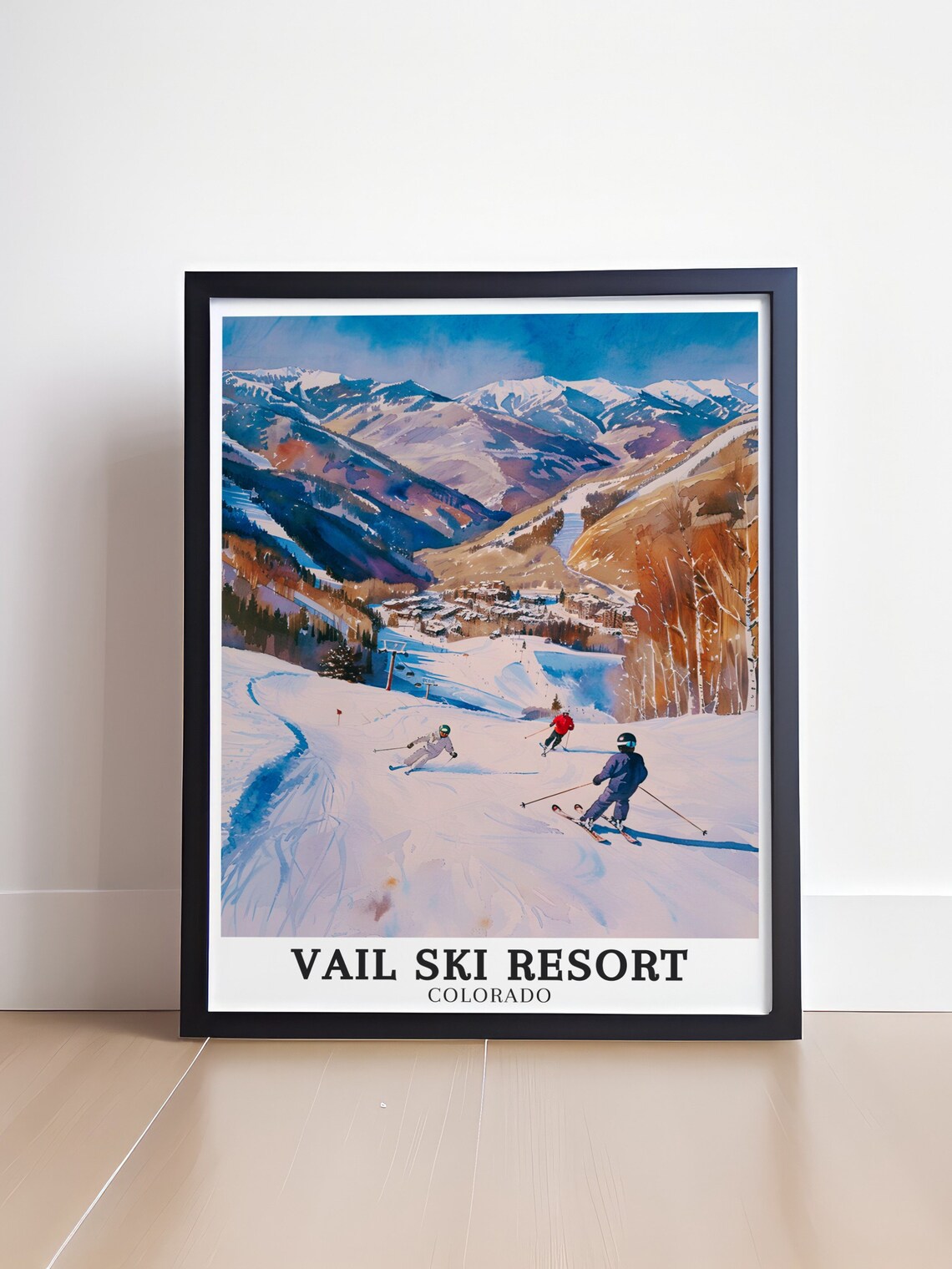 Vail Ski Resort Colorado Watercolor Skiers Valley Village Poster - Image 4