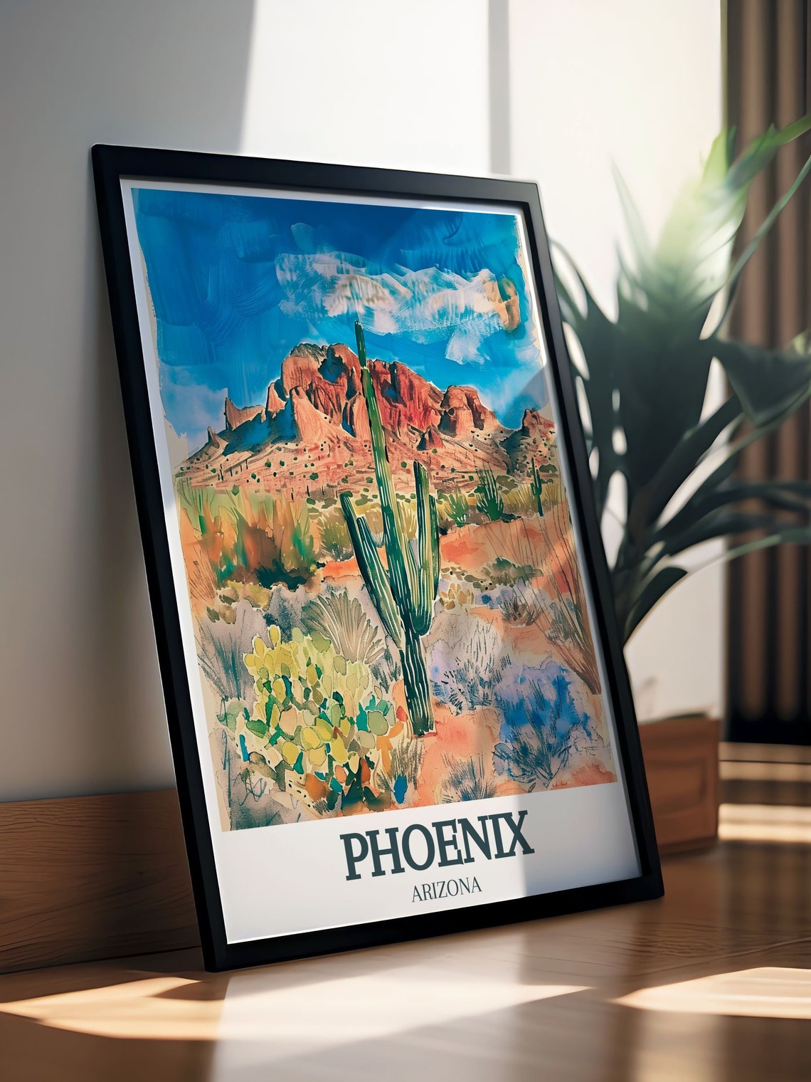 Phoenix Arizona Saguaro Cactus Camelback Mountain Watercolor Poster - Image 2