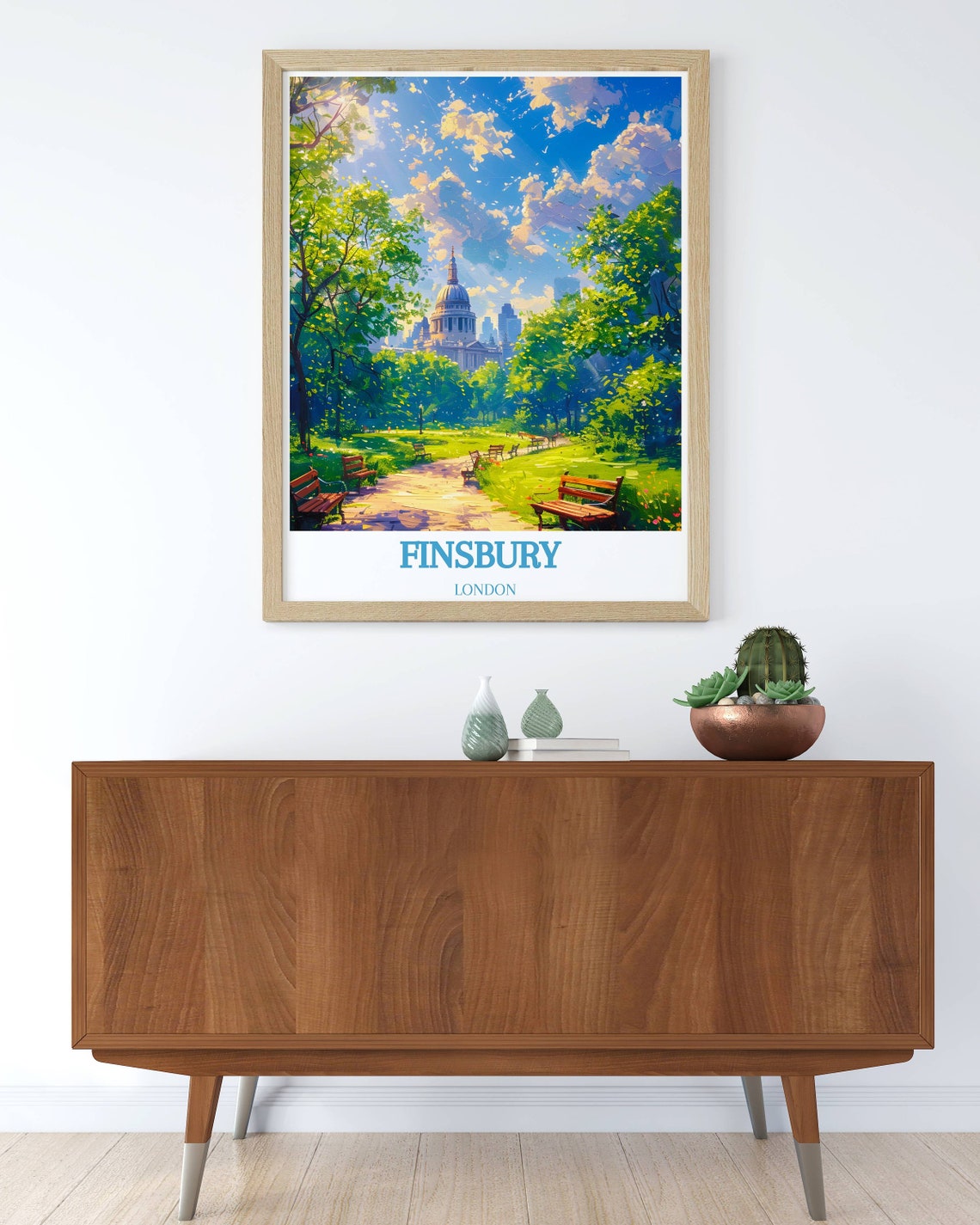 Finsbury London Sunlit Park Path with Wooden Benches View Poster - Image 3