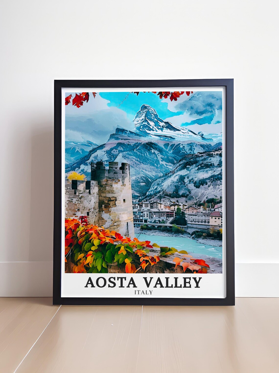 Aosta Valley Italy Autumn Castle Village Alpine Peak Travel Poster - Image 4