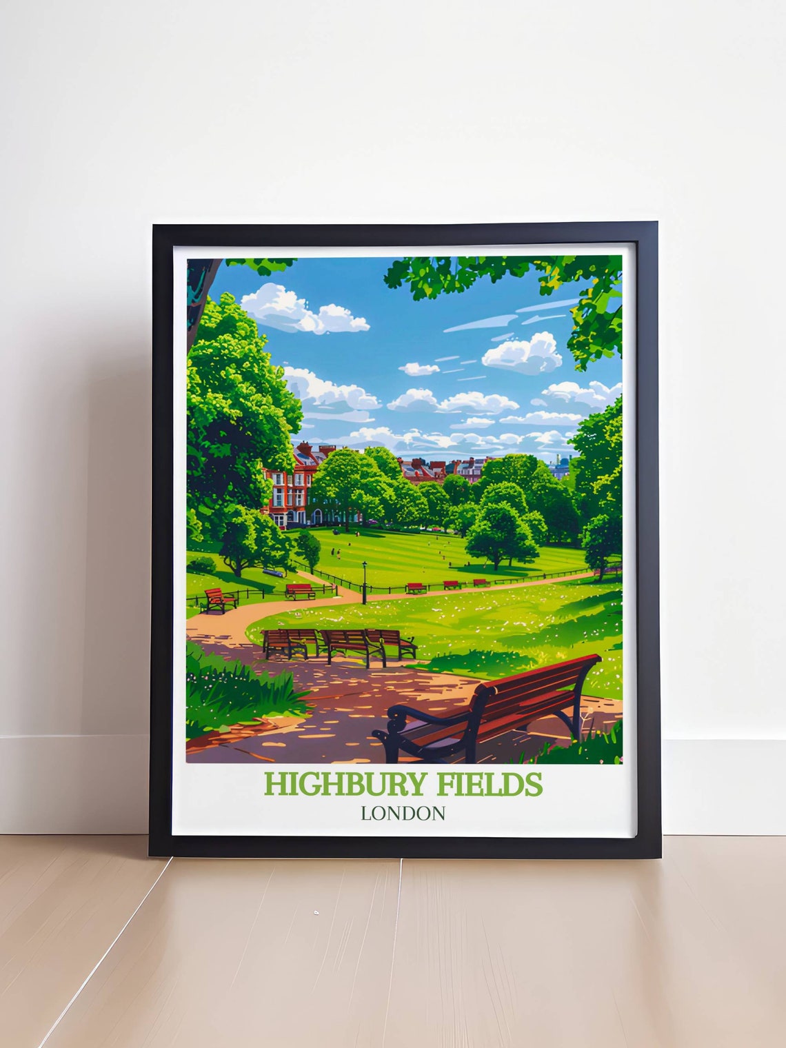 Highbury Fields London Summer Park Lawns and Benches Scene Poster - Image 4