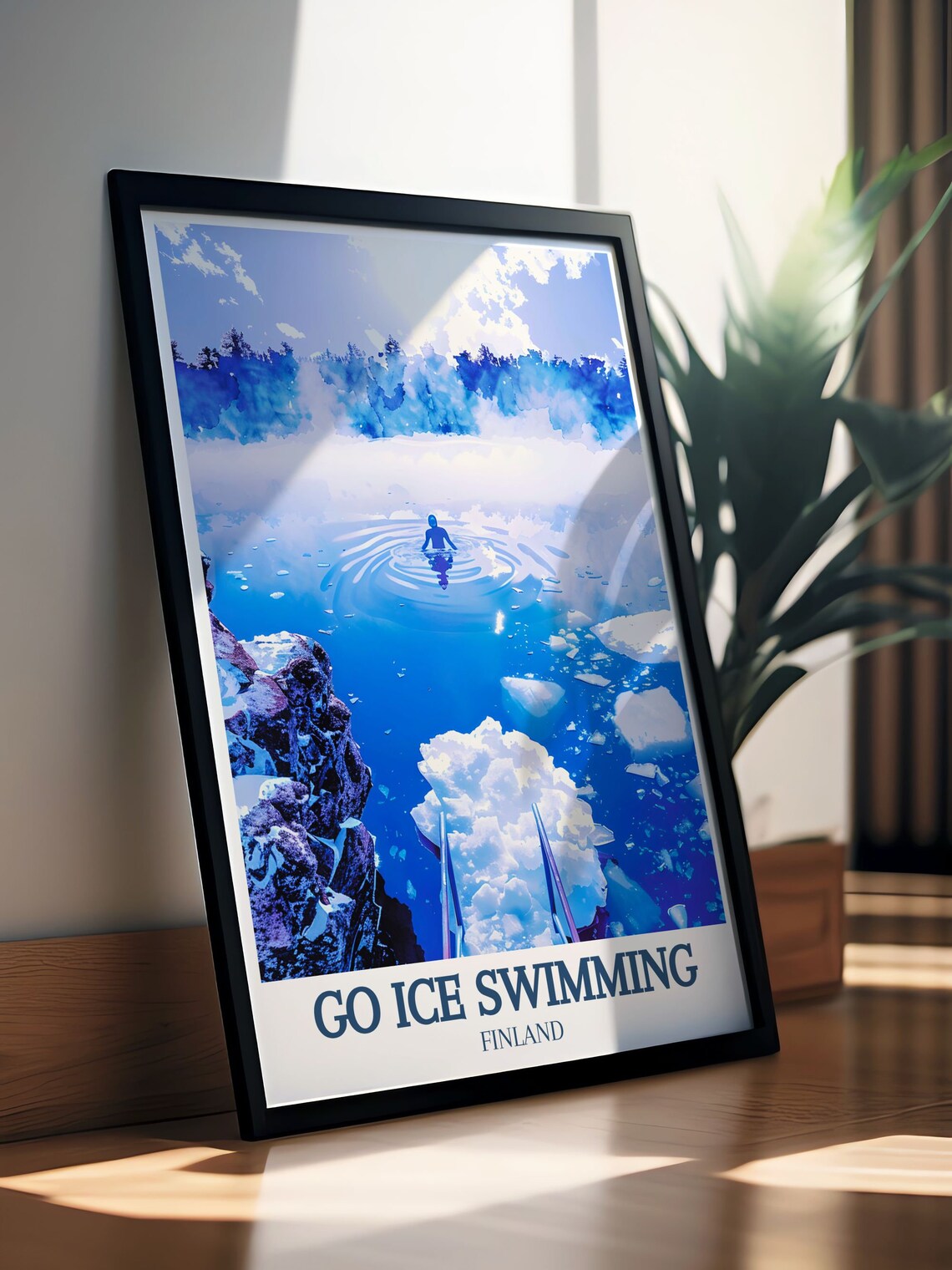 Go Ice Swimming Finland Lone Swimmer in Frozen Blue Lake Poster - Image 2