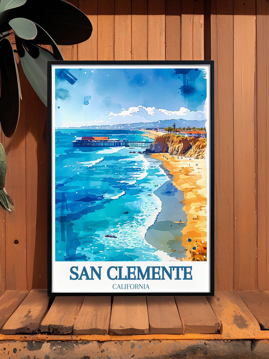 San Clemente California Pier Watercolor Beach Scene Travel Poster - Image 3