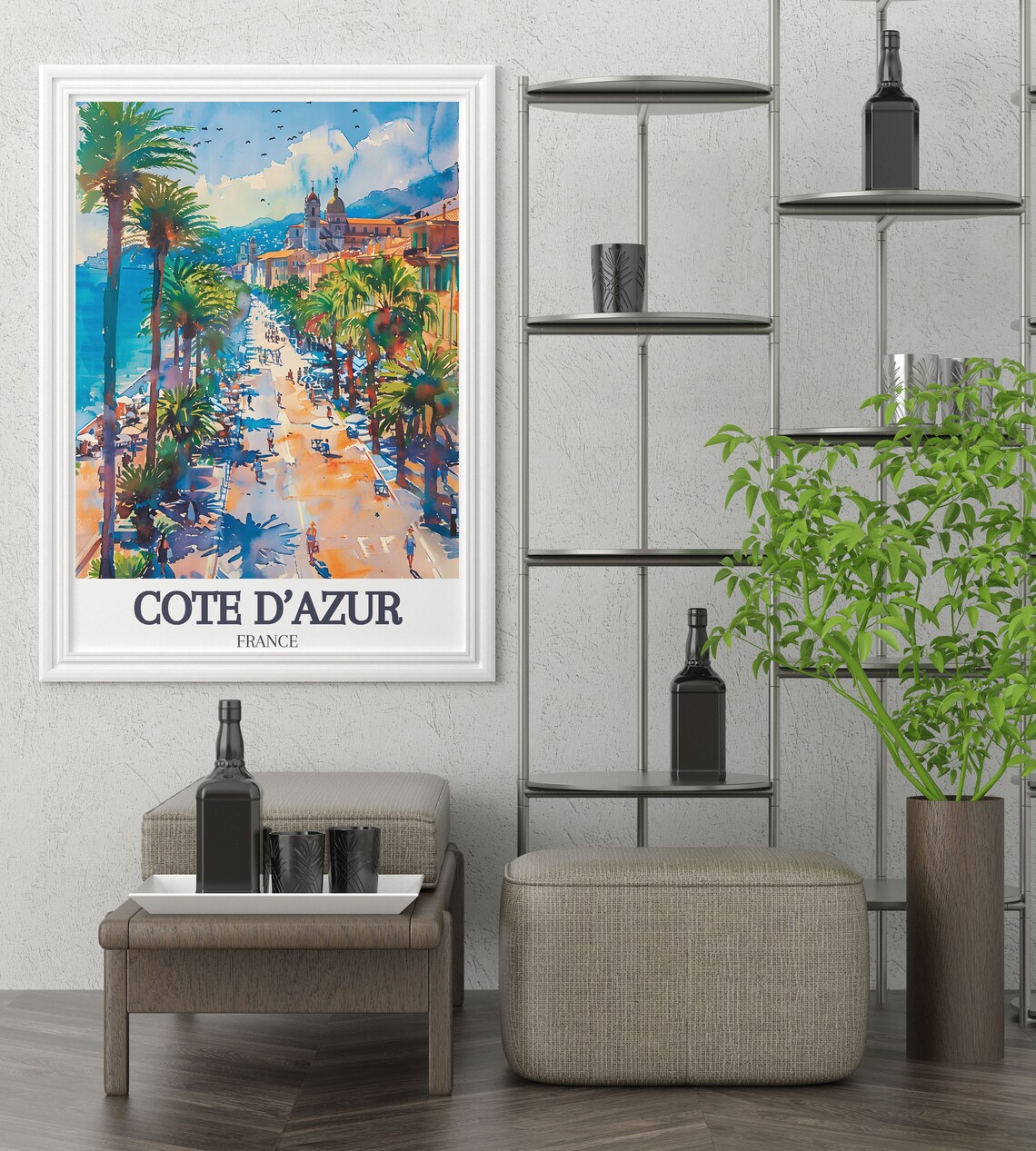 Cote d'Azur France Palm Promenade Seaside Watercolor Travel Poster - Image 2