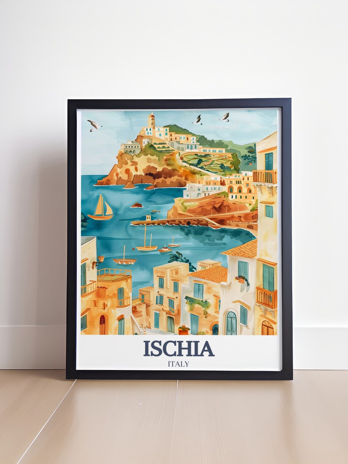 Ischia Italy Sant Angelo Village Harbor Watercolor Art Poster - Image 4