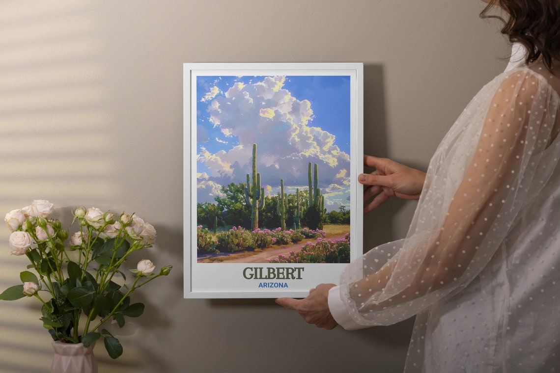 Gilbert Arizona Blooming Saguaro Cactus Desert Sunset Travel Poster - Image 2