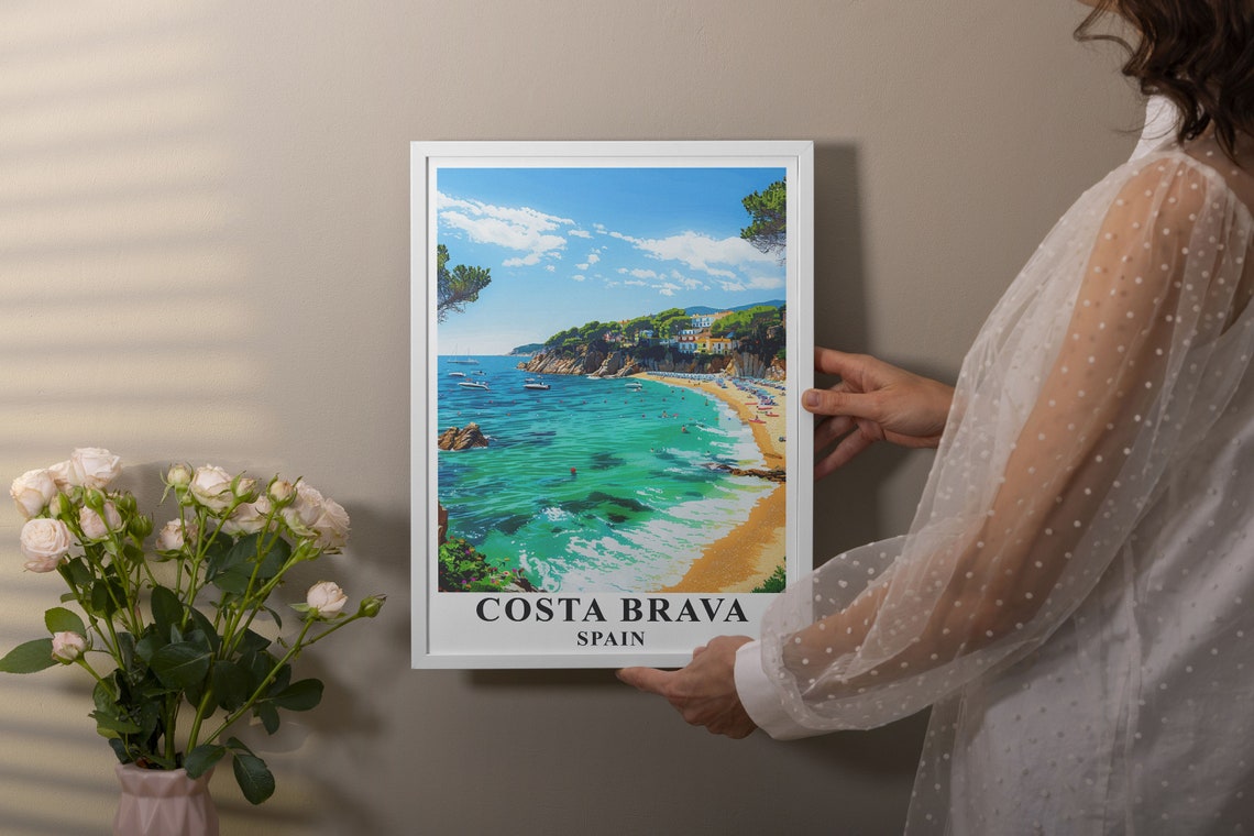 Costa Brava Turquoise Cove Beach with Cliffs Swimmers Spain Poster - Image 2