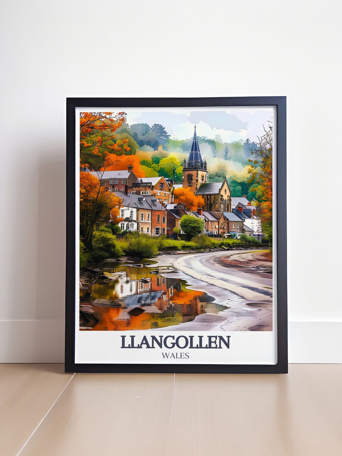 Llangollen Wales Riverside Town Church Spire in Autumn Poster - Image 4