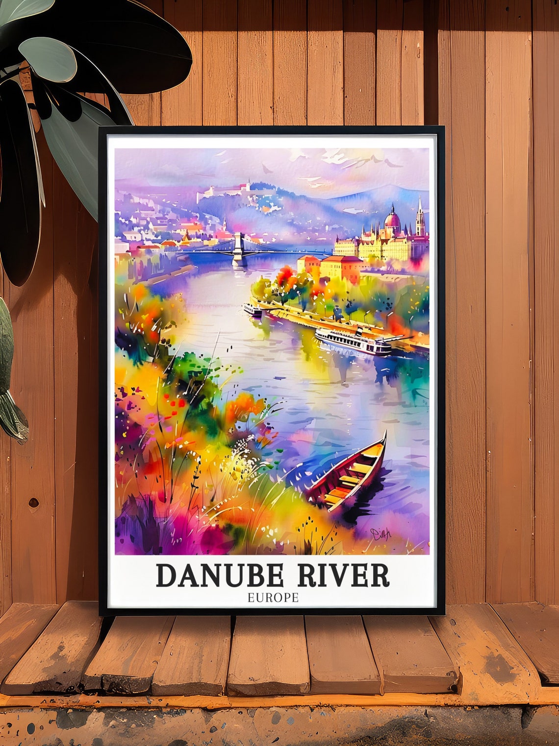 Danube River Budapest Watercolour Riverside Boats Scene Poster - Image 2