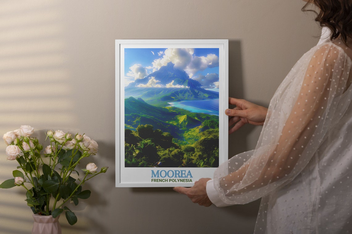 Moorea Mount Rotui Volcanic Peak Lush Green Jungle Coast Travel Poster - Image 2