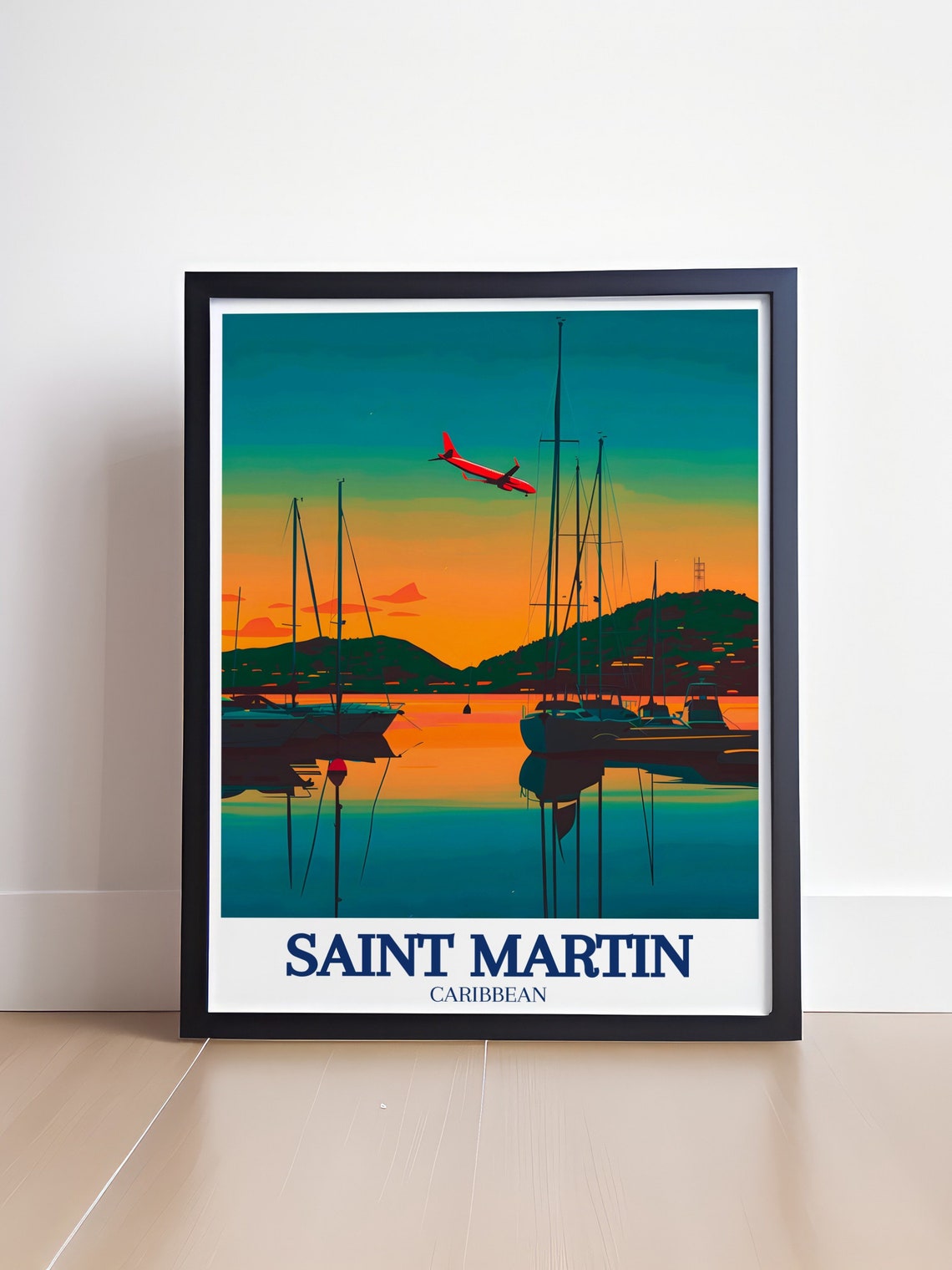 Saint Martin Caribbean Marina Sunset Sailboats Plane Retro Poster - Image 4