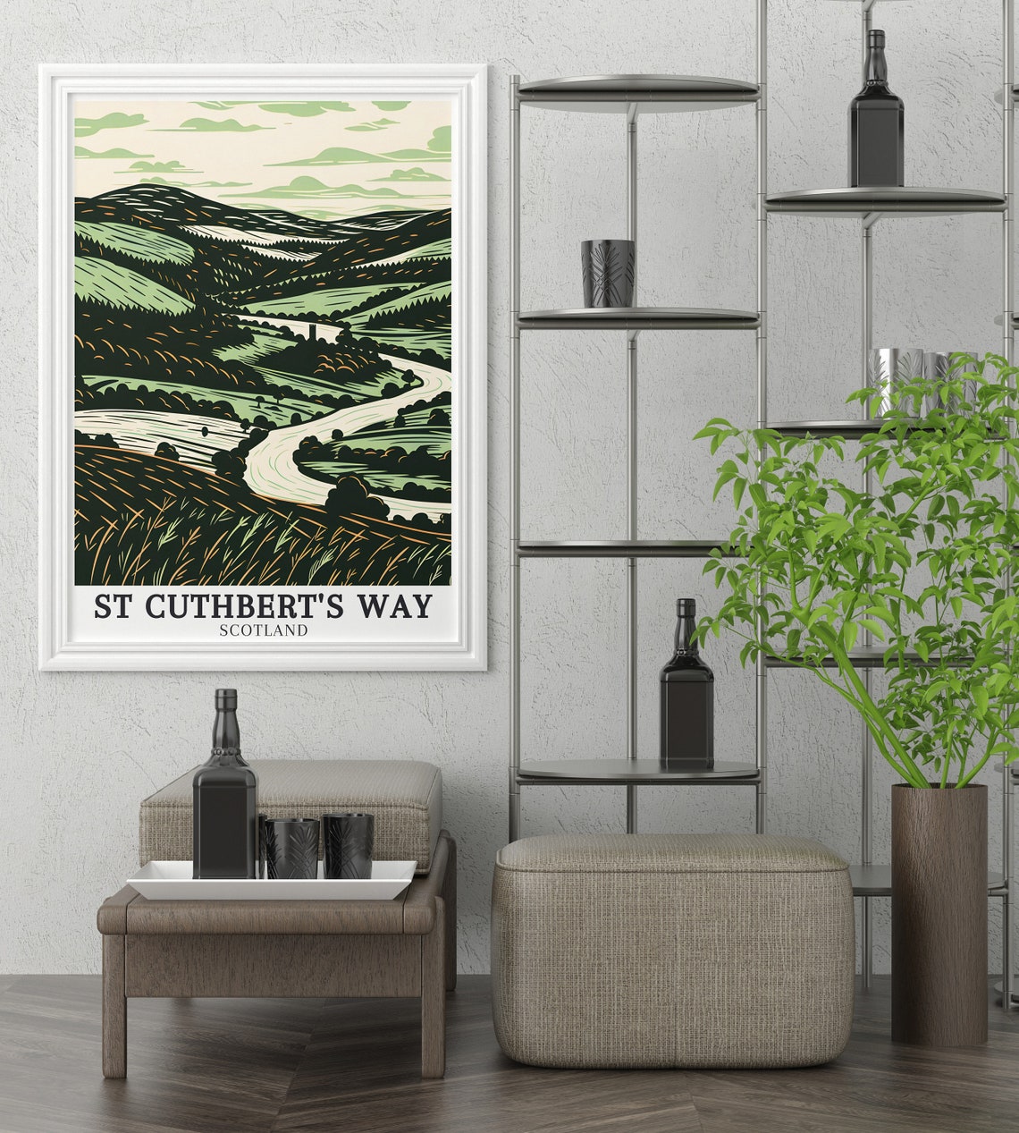 St Cuthbert's Way River Tweed Valley Woodcut Scotland Poster - Image 2