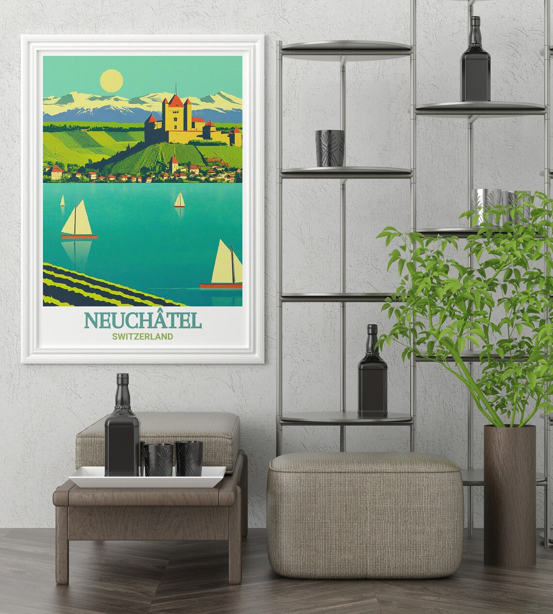 Neuchatel Switzerland Lake Sailboats Alps Scenic Voyage Poster - Image 2