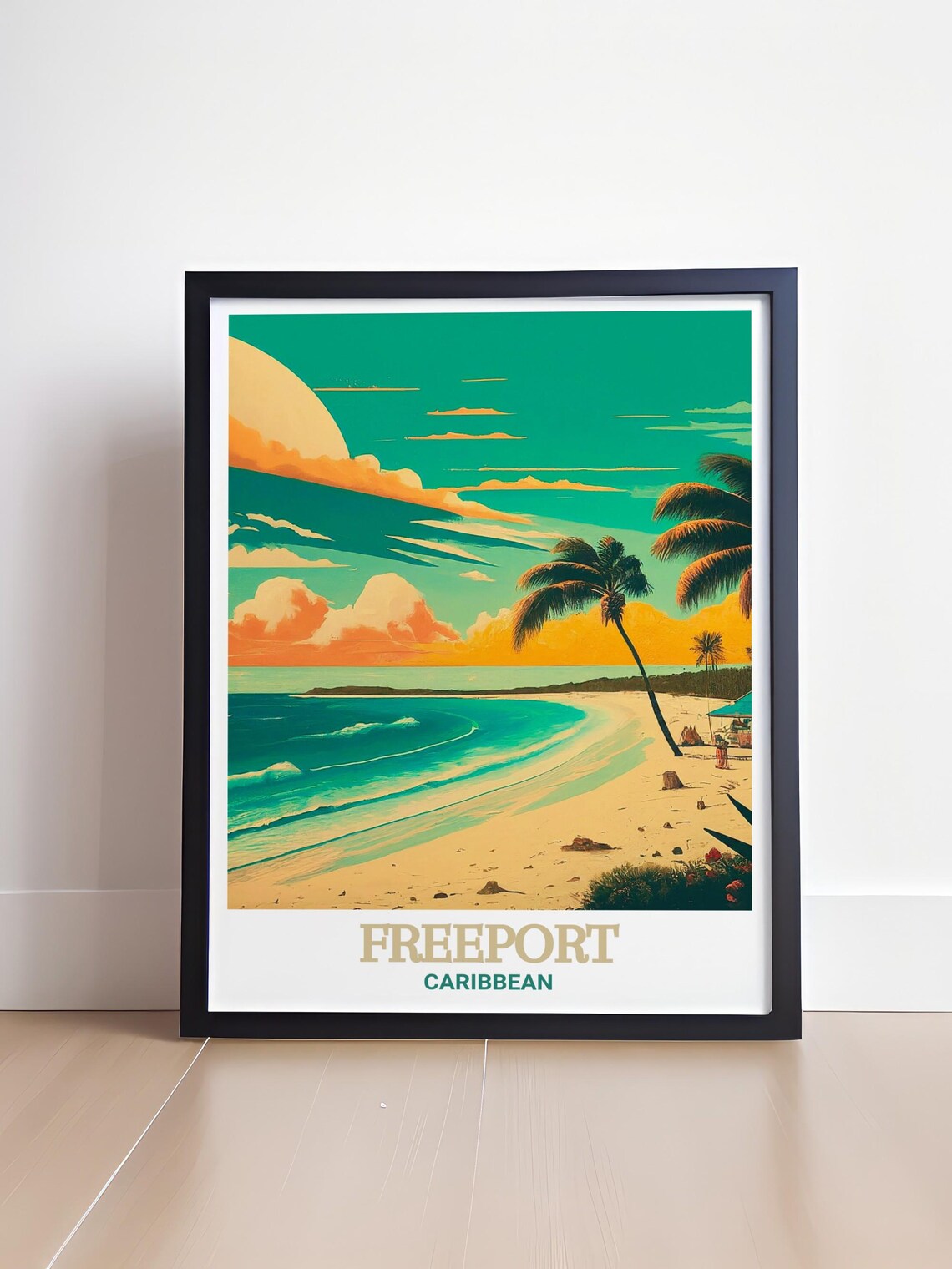 Freeport Caribbean Golden Sunset Palm Beach Waves Art Poster - Image 4