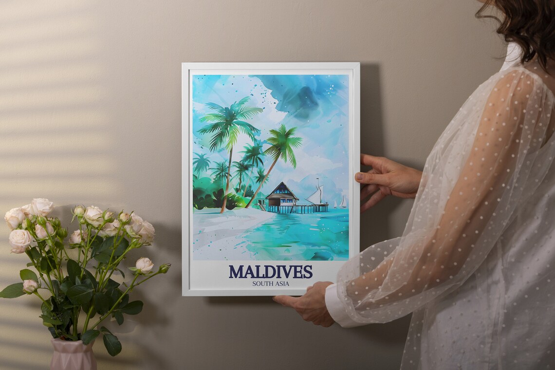 Maldives Beach Overwater Villa Palms Watercolor Travel Poster - Image 3
