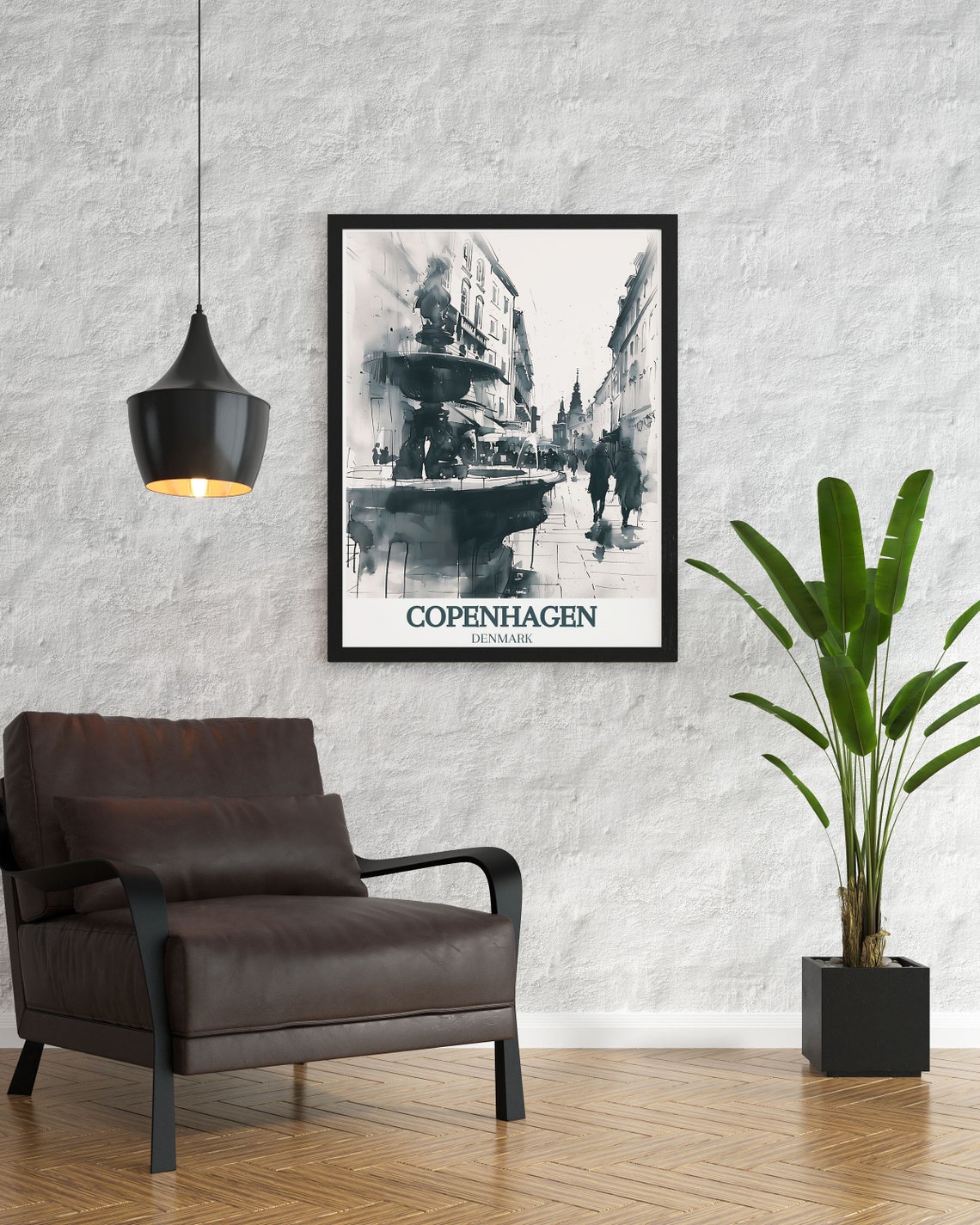 Copenhagen Travel Poster Copenhagen Travel Print Strget Street And Stork Fountain Artwork Strget Street And Stork Fountain Decor - Image 2