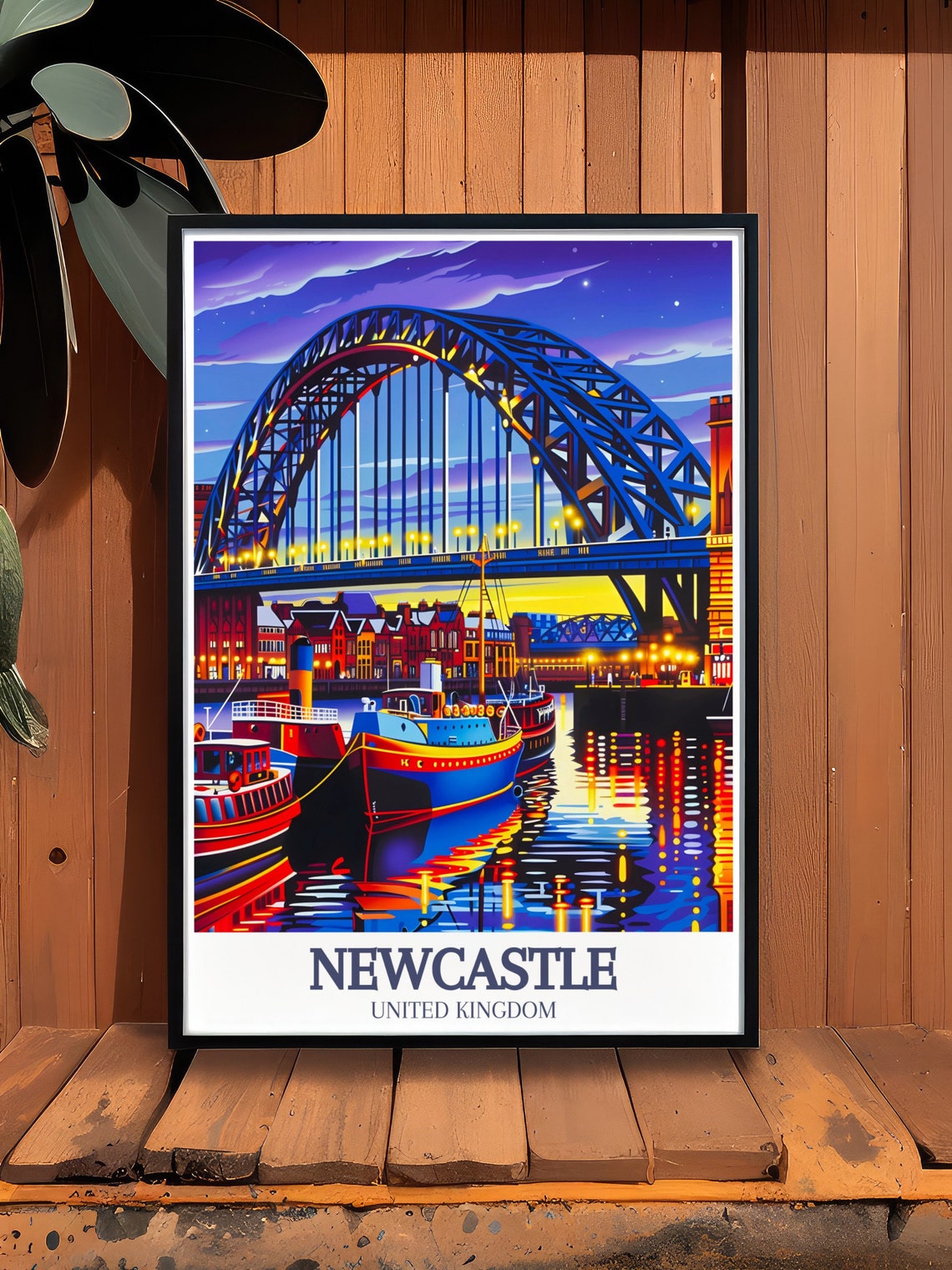 Newcastle Tyne Bridge Night City Lights River Boats Travel Poster - Image 3