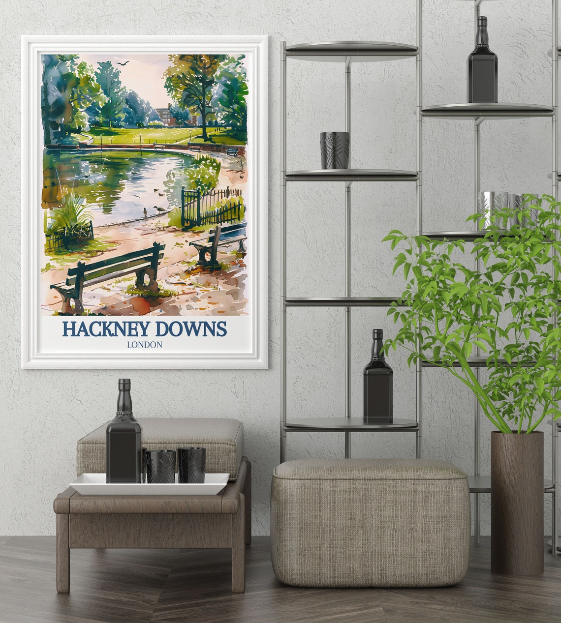 Hackney Downs London Duck Pond Benches Watercolor Scene Poster - Image 2