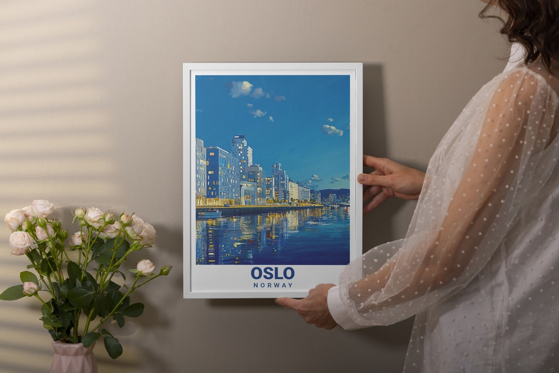 Oslo Barcode Waterfront Skyline Glowing at Night Norway Travel Poster - Image 3