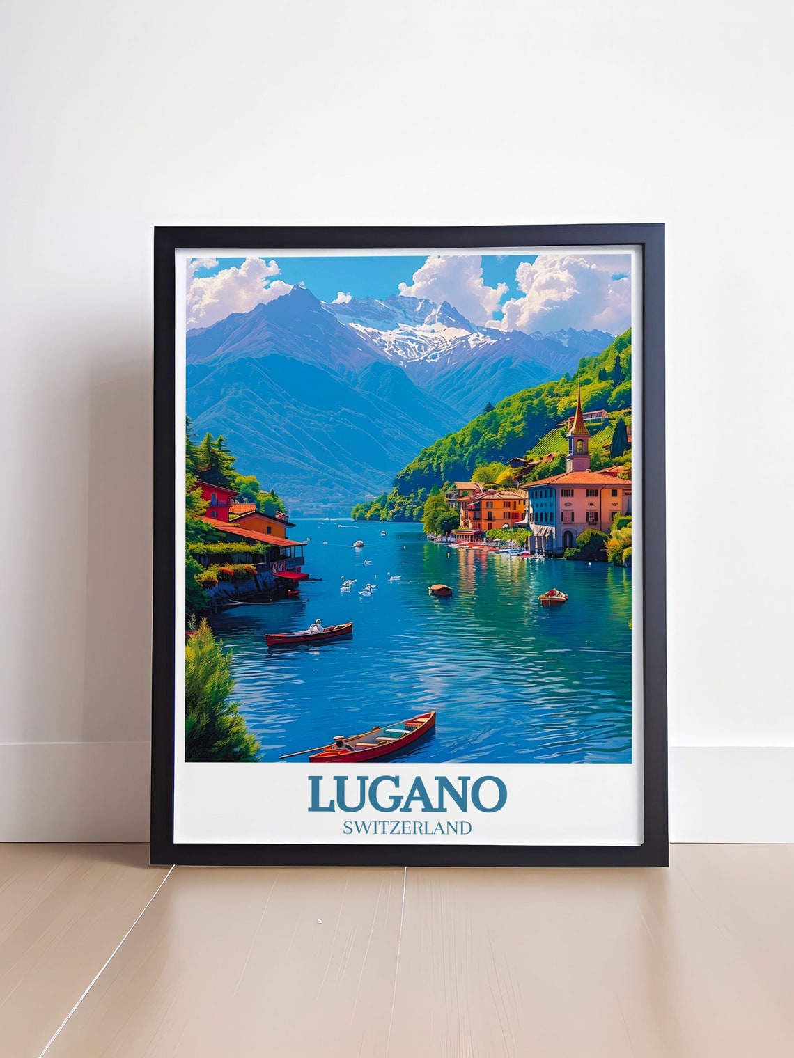 Lugano Switzerland Lake With Boats And Mountain Village Poster - Image 4